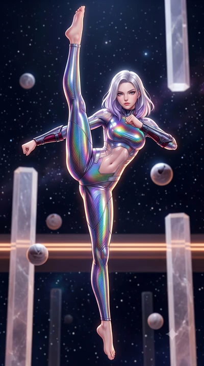 score_9, masterpiece, best quality, ultra-detailed, high-budget anime keyframe, semi-realistic 3D game render, editorial fashion photography, tasteful artistic composition, Caucasian woman. low angle full-body shot from head to toe showing her feet, 