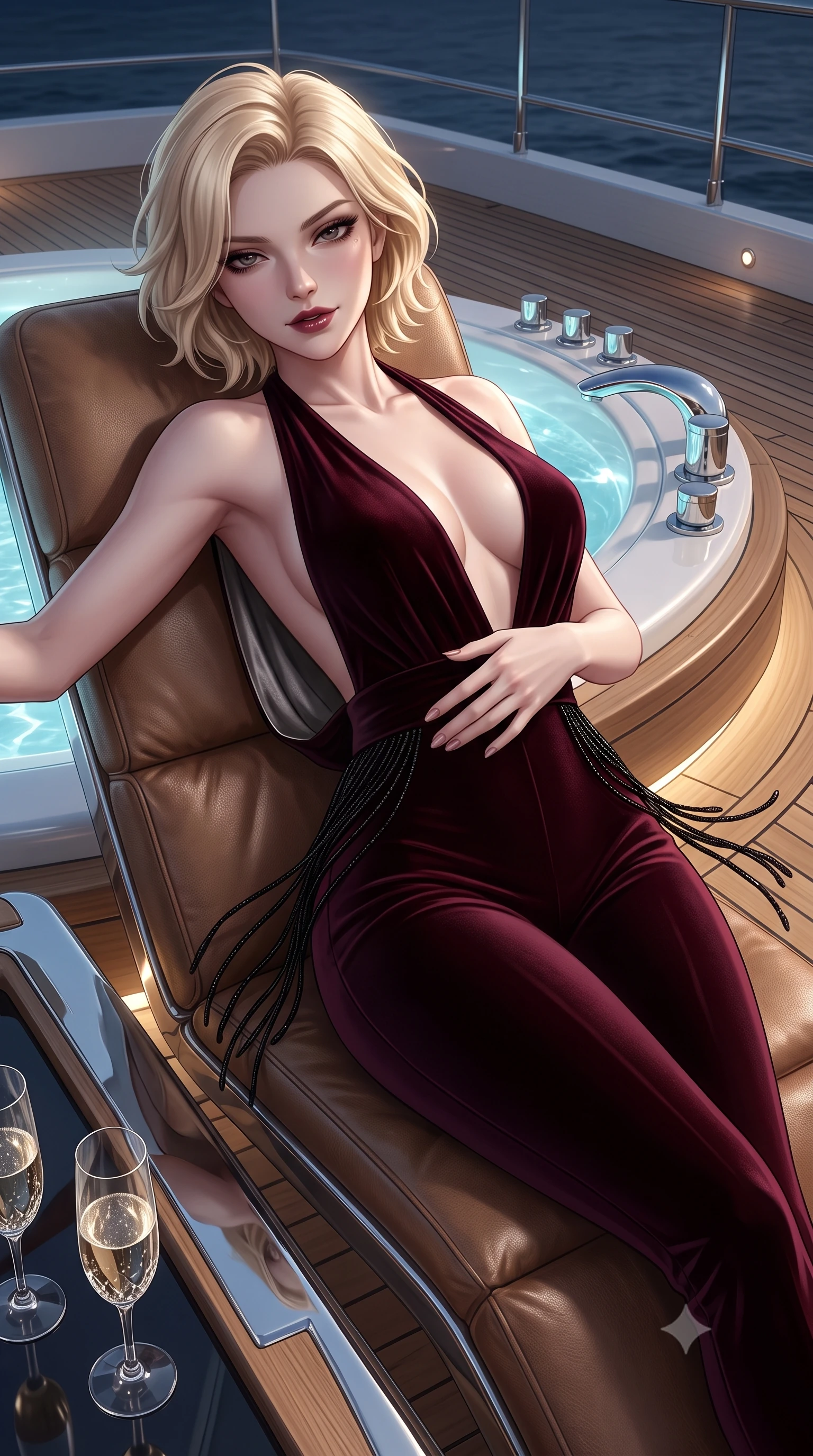 score_9, masterpiece, best quality, ultra-detailed, high-budget anime keyframe, editorial fashion photography, tasteful artistic composition, Caucasian woman. close-up cowboy shot from the waist and thighs up, the character dominates the composition, filling the frame with her large presence. leaning back against the leather lounge with relaxed seductive grace, one hand resting on her flat midriff as her narrow waist and curvy hips command the frame while twisting her slender torso in an alluring S-curve beside the illuminated glass jacuzzi, midnight sea breezes molding her gown to her hips and waist. The surrounding environment is rendered in vivid detail and crisp panoramic clarity. sharp marine-grade teak deck seams, polished mirror-finish chrome fittings, and crystal champagne glass facets in deep focus. She has an exceptionally elegant, slender, and willowy female figure with an ultra-slim waist, flat toned midriff, narrow ribcage, and sculpted feminine hips creating an alluring, slim hourglass silhouette without bulk. sharp v-shaped jawline, high-bridge nose, intricate jewel-like dark sparkling eyes with dangerous depth, thick curled eyelashes, glossy parted lips with a rich wine sheen, smoldering seductive half-smile with bedroom-eyes, exuding effortless superiority and intoxicating dark allure, flawlessly proportioned anatomical accuracy, strict slender model proportions, natural body alignment, perfectly sculpted long slender limbs, ultra-slim waistline, clean dynamic posture without body distortion. wearing a second-skin dark burgundy stretch-velvet jumpsuit with a plunging neckline and open back in shimmering pewter and noir velvet black, tailored from fine lightweight midnight wool crepe with crisp architectural structure, accented with fine jet-black beaded tassels that sway with each movement, the glove-like silhouette tightly following the natural contour of her hips and long slender legs with youthful 8.5-heads elegance. illuminated by subtle jacuzzi underglow and sharp platinum rim lights carving her sculpted collarbones, ultra-slim waist, and curvy hips. ultra-reflective glossy finish, specular highlights, rich textural contrasts, high-contrast stereoscopic depth, volumetric dynamic lighting, 2k, ultra detail, master piece, 9:16 ratio
