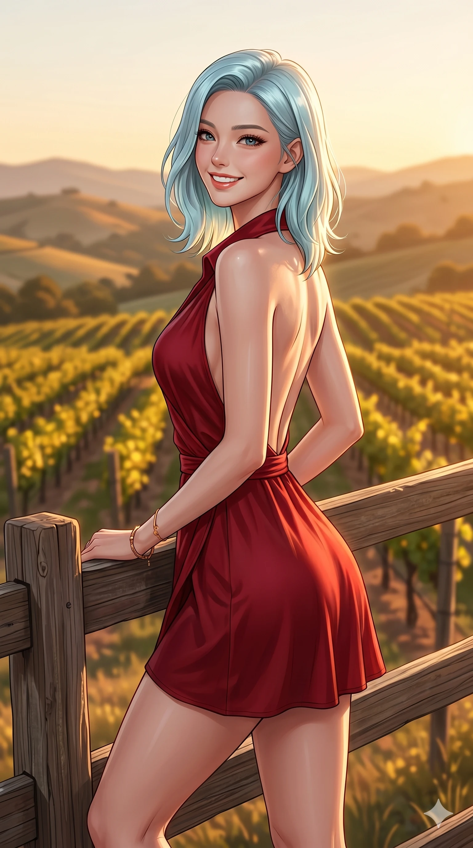score_9, masterpiece, best quality, ultra-detailed, high-budget anime keyframe, editorial fashion photography, tasteful artistic composition, Korean woman. cowboy shot from the thighs up, character and outfit filling the frame for maximum editorial presence. looking back over her shoulder with a bright, confident smile leaning on a wooden fence of a hilltop vineyard. She has an absolutely perfect 8-heads proportion, an exceptionally tall and slender female figure with impossibly long slender legs and an ultra-slim waist. V-shaped jawline, high-bridge nose, intricate jewel-like eyes with depth, thick eyelashes, glossy lips with a natural sheen. wearing a red wrap dress with a deep plunging collar and an open-back design. bathed in warm golden hour light, with the grapevines glowing in the background. 2k, ultra detail, master piece, 9:16 ratio