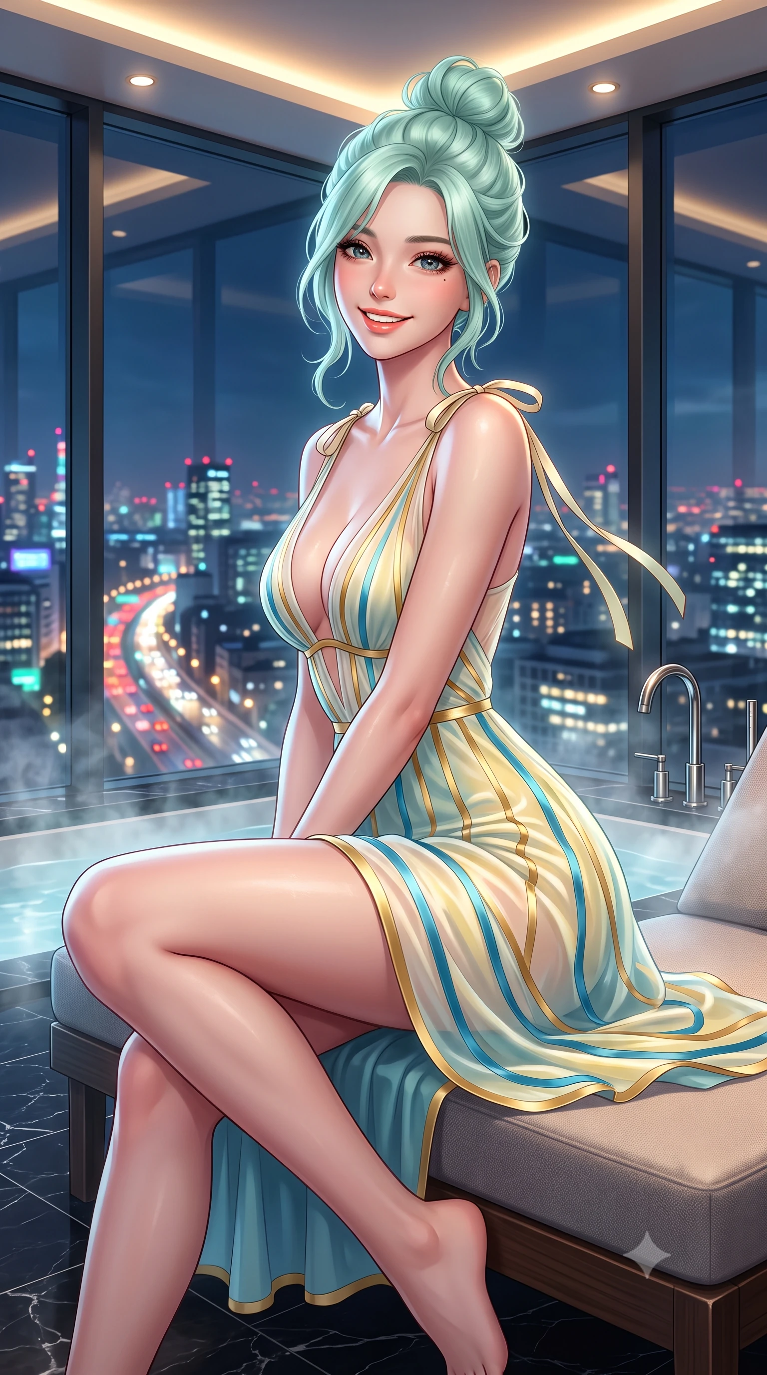 score_9, masterpiece, best quality, ultra-detailed, high-budget anime keyframe, semi-realistic 3D game render, editorial fashion photography, tasteful artistic composition, Japanese woman. close-up cowboy shot from the waist and thighs up, the character dominates the composition, filling the frame with her large presence. perched sideways on the lounge seat, one knee drawn up to showcase her slender leg line while her arched back accentuates her feminine hip curve while twisting her slender torso in an alluring contrapposto stance, shimmering city highway lights and thermal bath vapor caressing her flat midriff. The surrounding environment is rendered in vivid detail and crisp panoramic clarity: sharp structural glass corner bevels, honed black marble floor veining, and polished nickel tap fittings in deep focus. She has an exceptionally elegant, slender, and willowy female figure with an ultra-slim waist, flat toned midriff, narrow ribcage, and sculpted feminine hips creating an alluring, slim hourglass silhouette without bulk. sharp v-shaped jawline, high-bridge nose, intricate jewel-like sparkling eyes with depth, thick eyelashes, glossy parted lips with a natural peach sheen, bright cheerful beaming smile with an enchanting and coquettish sensual glint, exuding both youthful cute charm and seductive allure, flawlessly proportioned anatomical accuracy, strict slender model proportions, natural body alignment, perfectly sculpted long slender limbs, ultra-slim waistline, clean dynamic posture without body distortion. wearing a plunge-front sheer illusion tulle slip dress with liquid gold ribbon stripes hugging her curves in Positano lemon blossom ivory and Mediterranean azure, tailored from ultra-plush silk velvet with rich tactile depth and deep shadow gradients, finished with satin ribbon ties at the shoulders fluttering in the gentle breeze, the liquid-tight tailored fabric clinging flawlessly to her narrow waist and rounded feminine hips, emphasizing every millimeter of her sculpted slim hourglass curves without any bulky heaviness. bathed in the cool ambient glow of the illuminated London skyline mixed with warm 2800K recessed cove downlights. highly saturated vibrant anime colors, detailed shading with soft gradients, rich glossy textures, high-contrast stereoscopic depth, volumetric dynamic lighting, master piece, 9:16 ratio