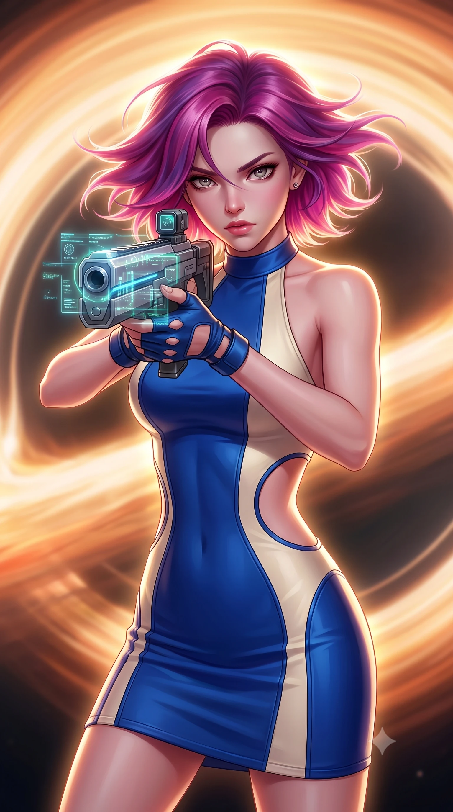 score_9, masterpiece, best quality, ultra-detailed, high-budget anime keyframe, editorial fashion photography, tasteful artistic composition, Caucasian woman, strictly human ears. close-up cowboy shot from the waist and thighs up, the character dominates the composition, filling the frame with her large presence, background elements kept in soft focus. Aiming a sleek holographic railgun with intense focused gaze and wind-blown hair. set against a soft-focus background of at the edge of a black hole accretion disk, a swirling river of orange and gold plasma bending under gravity waves. She has an exceptionally elegant and slender, willowy female figure with an ultra-slim waist, a gracefully sculpted slender torso, and a refined slim physique. sharp v-shaped jawline, high-bridge nose, intricate jewel-like eyes with depth, thick eyelashes, glossy lips with a natural sheen. wearing tailored for maximum mobility, sleek form-contouring panels that allow fluid movement, a tailored structured halter-neck bodycon dress in two-tone cobalt blue and cream, with dramatic curved cutouts at the sides of the torso. highly saturated vibrant anime colors, intense vivid color palette, soft 3D volumetric shading, volumetric dynamic lighting, dramatic backlight creating a radiant halo effect around her entire silhouette. 2k, ultra detail, master piece, 9:16 ratio