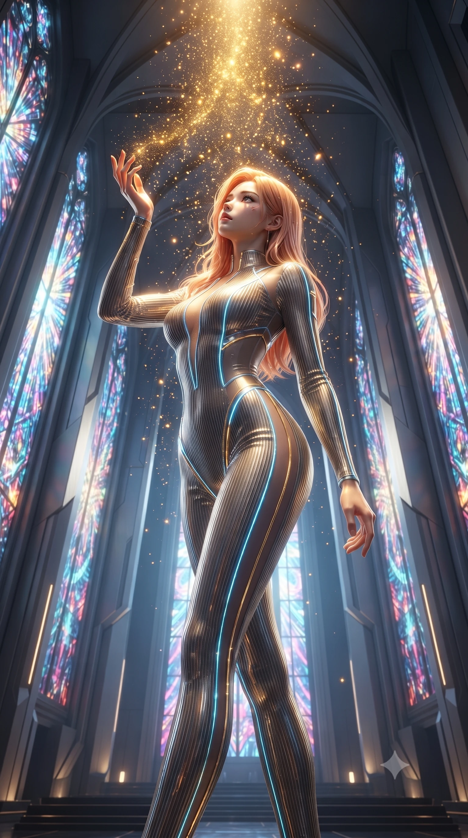 score_9, masterpiece, best quality, ultra-detailed, High-budget Anime Keyframe, editorial fashion photography, tasteful artistic composition, realistic cosplay photography, East Asian woman. Low angle cowboy shot filling the entire 9:16 frame with her statuesque presence. Scenario 334: showering under a cascade of glittering gold stardust inside a futuristic cathedral with holographic stained-glass windows. Her presence is magnetic and overpowering in this high-budget cinematic scene. Outfit 334: a slim-fit ribbed bodycon knit second with a sheer panels and glowing LED seams. The clothing is designed to emphasize her exceptionally tall and slender 8-heads proportion. 8-heads proportion, towering silhouette, ultra-slim waist. sharp v-shaped jawline, intricate jewel-like eyes with depth, thick eyelashes, glossy lips. ultra-reflective glossy finish, specular highlights, metallic sheen, high-contrast stereoscopic depth, volumetric dynamic lighting, 2k, ultra detail, master piece, 9:16 ratio