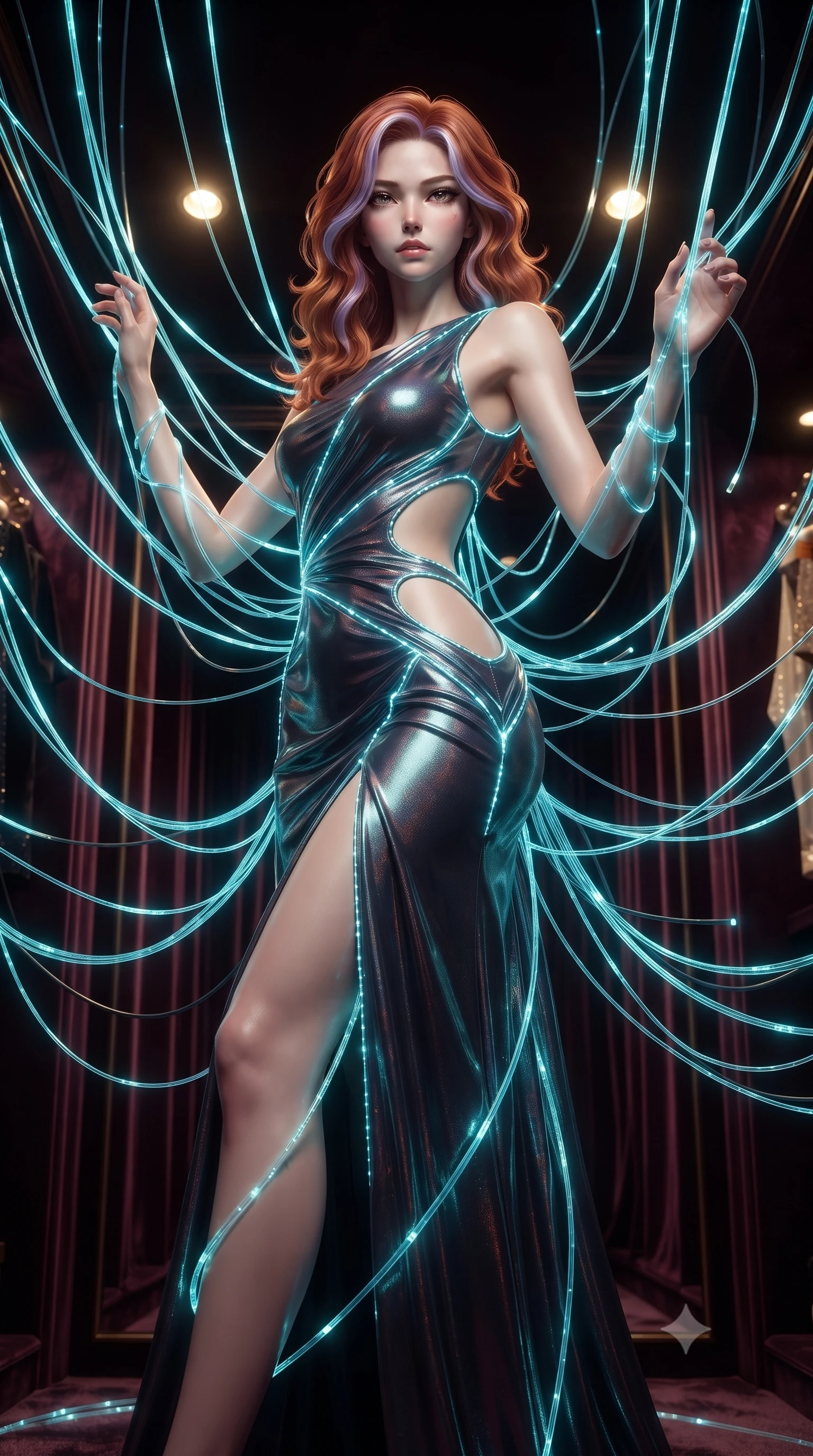 score_9, masterpiece, best quality, ultra-detailed, High-budget Anime Keyframe, editorial fashion photography, tasteful artistic composition, realistic cosplay photography, Caucasian woman, strictly human ears. Low angle cowboy shot filling the entire 9:16 frame with her statuesque presence. Scenario 367: tangled in a web of glowing cyan fiber-optic cables inside a velvet-lined dressing room illuminated by soft golden spotlights. Her presence is magnetic and overpowering in this high-budget cinematic scene. Outfit 367: a tailored shimmering chiffon liquid with a strategic side cut-outs and glowing LED seams. The clothing is designed to emphasize her exceptionally tall and slender 8-heads proportion. 8-heads proportion, towering silhouette, ultra-slim waist. sharp v-shaped jawline, intricate jewel-like eyes with depth, thick eyelashes, glossy lips. ultra-reflective glossy finish, specular highlights, metallic sheen, high-contrast stereoscopic depth, volumetric dynamic lighting, 2k, ultra detail, master piece, 9:16 ratio