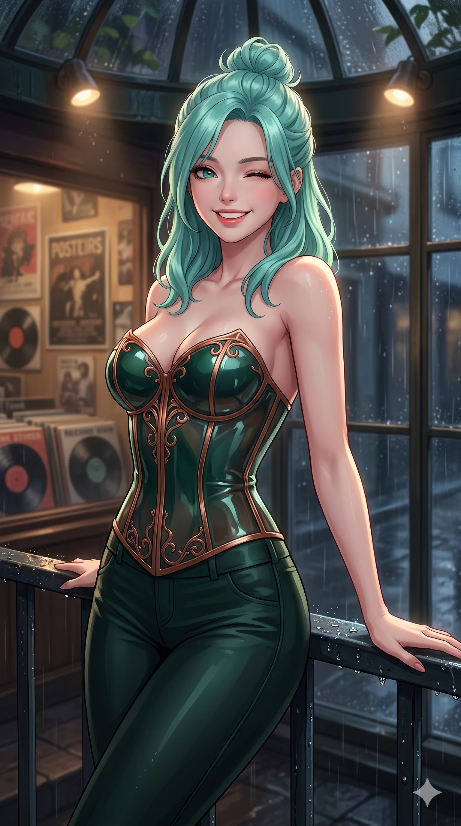 score_9, masterpiece, best quality, ultra-detailed, high-budget anime keyframe, vibrant anime aesthetic, Japanese woman. close-up cowboy shot from the waist and thighs up, the character dominates the composition, filling the frame with her large presence, background elements kept in soft focus. She is leaning back on a wet, rain-slicked railing, winking and smiling delightfully, with a bright, joyful gaze with a lively, expressive stance. the background shows a soft-focus window of a cozy vintage record store, looking at the street through rain-streaked window panes (Code-P22-153). She has an absolutely perfect proportion, an exceptionally elegant and slender female figure with an ultra-slim waist. V-shaped jawline, high-bridge nose, intricate jewel-like eyes with depth, thick eyelashes, glossy lips with a natural sheen. wearing a translucent gloss-finish structured bodice with a sweetheart neckline and sleek pants in dark emerald and copper details. She is illuminated by warm overhead spotlights inside the plant conservatory dome, casting soft shadows that enhance her features inside the retro conservatory cafe. 2k, ultra detail, master piece, 9:16 ratio