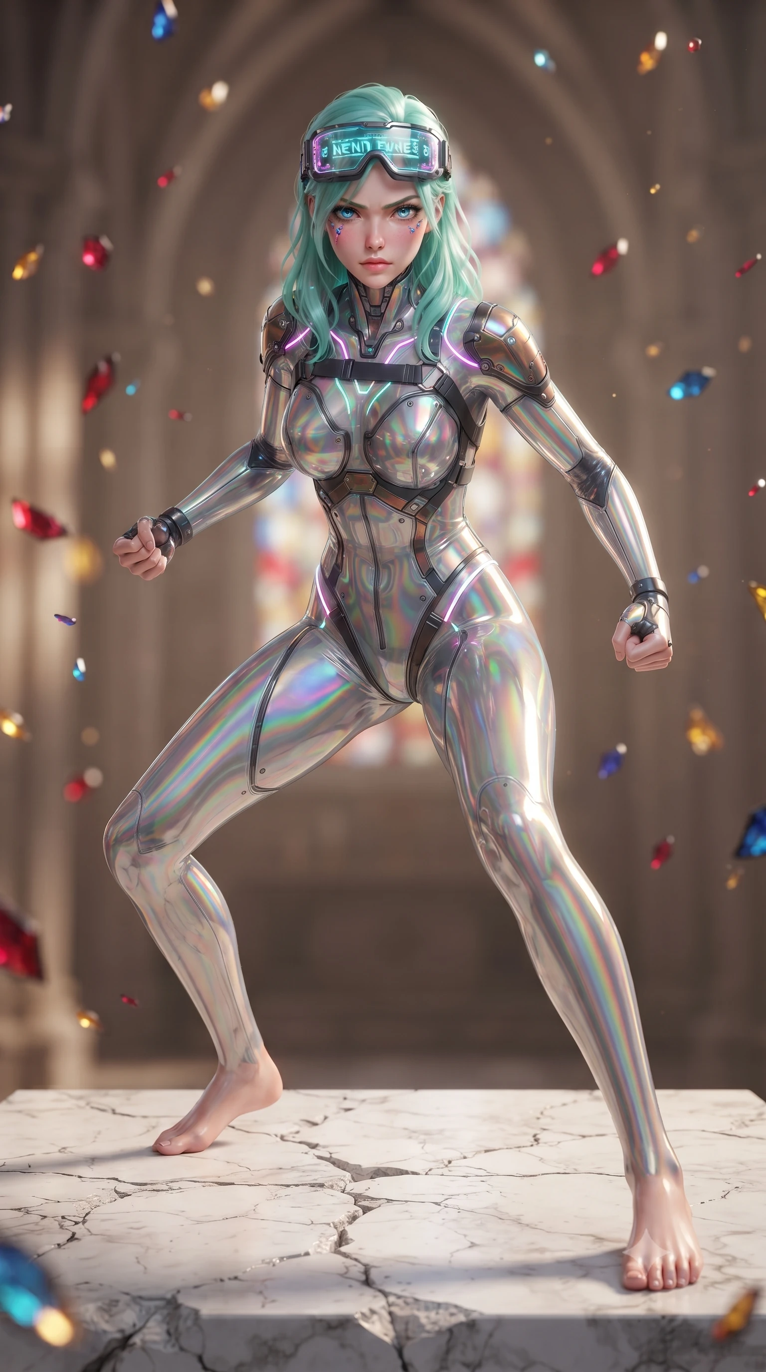 score_9, masterpiece, best quality, ultra-detailed, high-budget anime keyframe, editorial fashion photography, tasteful artistic composition, Japanese woman. low angle full-body shot from head to toe showing her feet, filling the entire 9:16 vertical frame with her statuesque presence, stretching her vertical silhouette. striding forward with sovereign warrior elegance in a low, predatory combat advance through the ruins, hips swaying with fierce athletic poise while landing in a low defensive crouch on the cracked marble altar with fists clenched in unwavering resolve. The composition keeps background elements in soft focus with creamy bokeh. burning cathedral arches and scattered stained-glass jewel fragments blurred into rich ruby, sapphire, and gold bokeh. She has an absolutely perfect, statuesque 8.5-heads proportion, an exceptionally tall and slender model-like female figure with impossibly long slender legs, a toned flat midriff, and an ultra-slim waist. sharp v-shaped jawline, high-bridge nose, intricate jewel-like eyes with depth, thick eyelashes, glossy lips with a natural sheen, fierce and resolute heroine expression, flawlessly proportioned anatomical accuracy, strict slender model proportions, natural body alignment, perfectly sculpted long slender limbs, ultra-slim waistline, clean dynamic posture without body distortion. wearing high-tech holographic tactical goggles resting tipped up on her forehead, casting glowing neon runes across her brow without obscuring her features, paired with a tailored tactical combat jumpsuit with an open-back harness design, reinforced composite breastplate, and high-mobility elbow dampers in high-gloss iridescent rainbow carbon with scorched titanium plating, crafted from semi-translucent cybernetic carbon-vinyl interwoven with glowing micro-filaments, accented with glowing fiber-optic telemetry conduits tracing her collarbones and hip curves, the sleek second-skin cut tightly hugging her graceful clavicle, narrow waist, and feminine curves with athletic precision. illuminated by crisp directional key light defining her razor-sharp jawline, eyes, and ultra-slim waist. ultra-reflective glossy finish, specular highlights, dark metallic sheen, high-contrast stereoscopic depth, volumetric dynamic lighting, 2k, ultra detail, master piece, 9:16 ratio
