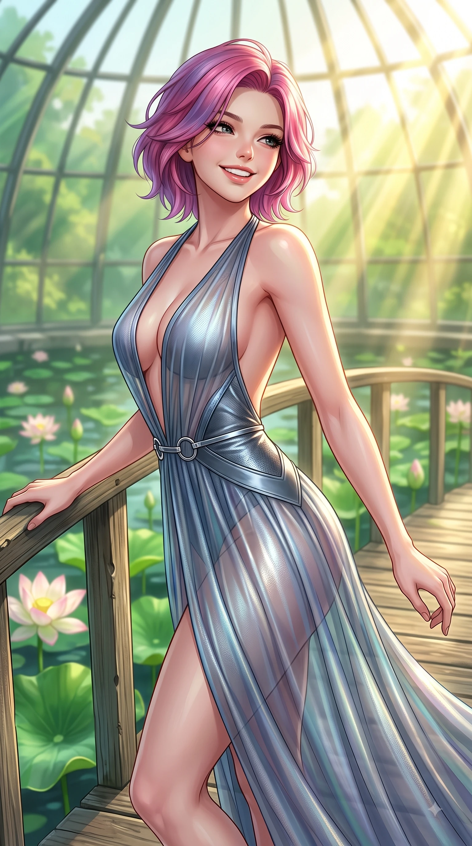 score_9, masterpiece, best quality, ultra-detailed, high-budget anime keyframe, editorial fashion photography, tasteful artistic composition, Caucasian woman. close-up cowboy shot from the waist and thighs up, the character dominates the composition, filling the frame with her large presence, background elements kept in soft focus. Radiant youthful grin reflecting college charm while casting a playful, joyful side-gaze with heavy lashes while pivoting dynamically on a wooden bridge over a lotus pond with a radiant beaming smile, intense volumetric sunbeams penetrating glass dome panes in bright golden rays. She has an exceptionally elegant, slender, and willowy female figure with an ultra-slim waist, a gracefully sculpted slender torso, and a refined silhouette. sharp v-shaped jawline, high-bridge nose, intricate jewel-like eyes with depth, thick eyelashes, glossy lips with a natural sheen, flawlessly proportioned anatomical accuracy, natural body alignment, perfectly sculpted elegant limbs, clean dynamic posture without body distortion. wearing a translucent iridescent chiffon gown with a plunging neckline and open back in slate blue and metallic silver, made of fine carbon-fiber weave and soft matte leather, accented with delicate chrome ring hardware framing her waist, the sleek second-skin texture accentuating her magnetic presence. bathed in brilliant golden sunlight and fresh green botanical ambient glow. highly saturated vibrant anime colors, detailed shading with soft gradients, rich glossy textures, high-contrast stereoscopic depth, volumetric dynamic lighting, master piece, 9:16 ratio