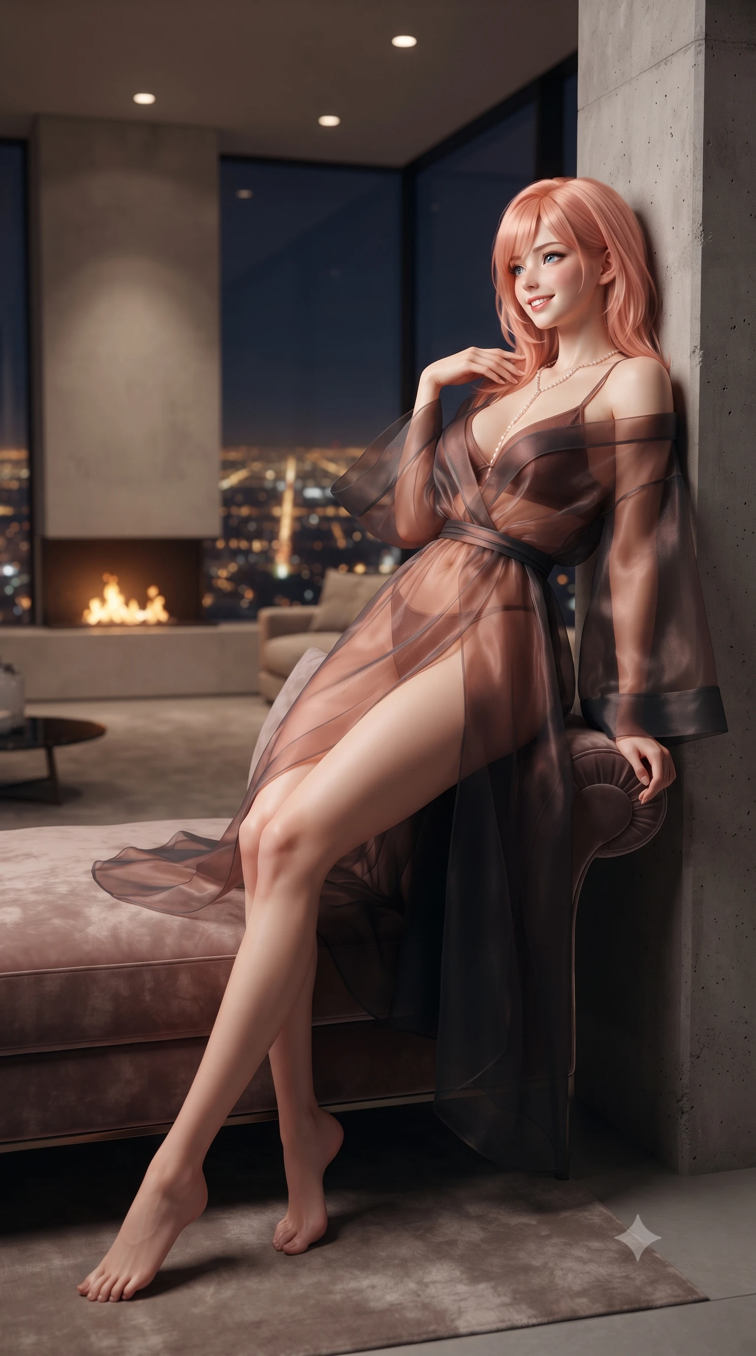 score_9, masterpiece, best quality, ultra-detailed, high-budget anime keyframe, editorial fashion photography, tasteful artistic composition, Japanese woman. low angle full-body shot from head to toe showing her feet, filling the entire 9:16 vertical frame with her statuesque presence, stretching her vertical silhouette. reclining gracefully across the plush chaise lounge with one leg extended, her sculpted silhouette and flat midriff radiating magnetic nocturnal glamour while leaning against the architectural concrete column with hips cocked back, looking out over the glowing grid with smoldering bedroom-eyes. The background shows a soft-focus interior minimalist fireplace flames softened in billionaire architectural shallow focus. She has an exceptionally tall and slender model-like 8.5-heads proportion, an ultra-slim waist, a flat toned midriff, narrow delicate ribcage, and beautifully sculpted feminine hips creating a graceful, slim hourglass silhouette without any bulky heaviness, with impossibly long slender legs. sharp v-shaped jawline, high-bridge nose, intricate jewel-like sparkling eyes with depth, thick eyelashes, glossy parted lips with a natural peach sheen, bright cheerful beaming smile with an enchanting and coquettish sensual glint, exuding both youthful cute charm and seductive allure, flawlessly proportioned anatomical accuracy, strict slender model proportions, natural body alignment, perfectly sculpted long slender limbs, ultra-slim waistline, clean dynamic posture without body distortion. wearing a modern sheer organza kimono dress with wide sleeves slipping gracefully off bare shoulders over a fitted bralette in sultry copper rose and deep shadow charcoal, crafted from translucent silk organza with an ethereal crystalline sheen, accented with a pearl-drop body harness subtly framing her dewy collarbones and spine, the liquid-tight tailored fabric clinging flawlessly to her narrow waist and rounded feminine hips, emphasizing every millimeter of her sculpted slim hourglass curves without any bulky heaviness. bathed in the breathtaking contrast of thousands of golden city lights below and dim 2800K recessed interior cove downlights. ultra-reflective glossy finish, specular highlights, rich textural contrasts, high-contrast stereoscopic depth, volumetric dynamic lighting, 2k, ultra detail, master piece, 9:16 ratio