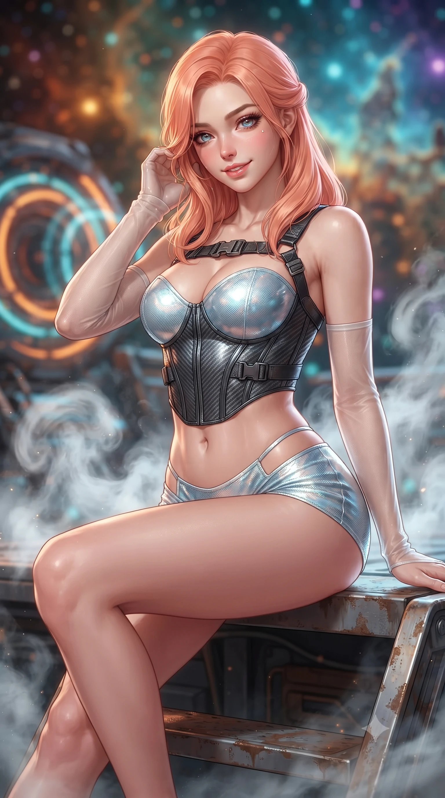 score_9, masterpiece, best quality, ultra-detailed, high-budget anime keyframe, editorial fashion photography, tasteful artistic composition, Japanese woman. close-up cowboy shot from the waist and thighs up, the character dominates the composition, filling the frame with her large presence. gently brushing a lock of hair behind her ear while casting a playful, flirtatious side-gaze with long eyelashes while sitting poised on the elevated titanium gantry step with one knee bent, arching her back with confident combat poise and parted glossy lips. The background shows a soft-focus pulsing orange and cyan magnetic acceleration rings, billows of swirling white coolant steam, and distant star nebula blurred into amber, turquoise, and violet bokeh. She has an exceptionally elegant, slender, and willowy female figure with an ultra-slim waist, flat toned midriff, narrow ribcage, and sculpted feminine hips creating an alluring, slim hourglass silhouette without bulk. sharp v-shaped jawline, high-bridge nose, intricate jewel-like sparkling eyes with depth, thick eyelashes, glossy parted lips with a natural peach sheen, bright cheerful beaming smile with an enchanting and coquettish sensual glint, exuding both youthful cute charm and seductive allure, flawlessly proportioned anatomical accuracy, strict slender model proportions, natural body alignment, perfectly sculpted long slender limbs, ultra-slim waistline, clean dynamic posture without body distortion. wearing a sculpted carbon-fiber underwire crop corset with tactical buckle straps paired with low-rise micro shorts in arctic cryo-glacier ice blue and platinum white, crafted from stretch micro-mesh with liquid foil coating that shimmers with every movement, complemented by sheer opera-length evening gloves tracing her slender arms, the bespoke structured tailoring following the natural line of her 8.5-heads silhouette with refined elegance. illuminated by wet metal deck bounce and sharp amber-gold rim lights defining her dewy collarbones, ultra-slim waist, and curvy hips. ultra-reflective glossy finish, specular highlights, rich textural contrasts, high-contrast stereoscopic depth, volumetric dynamic lighting, 2k, ultra detail, master piece, 9:16 ratio