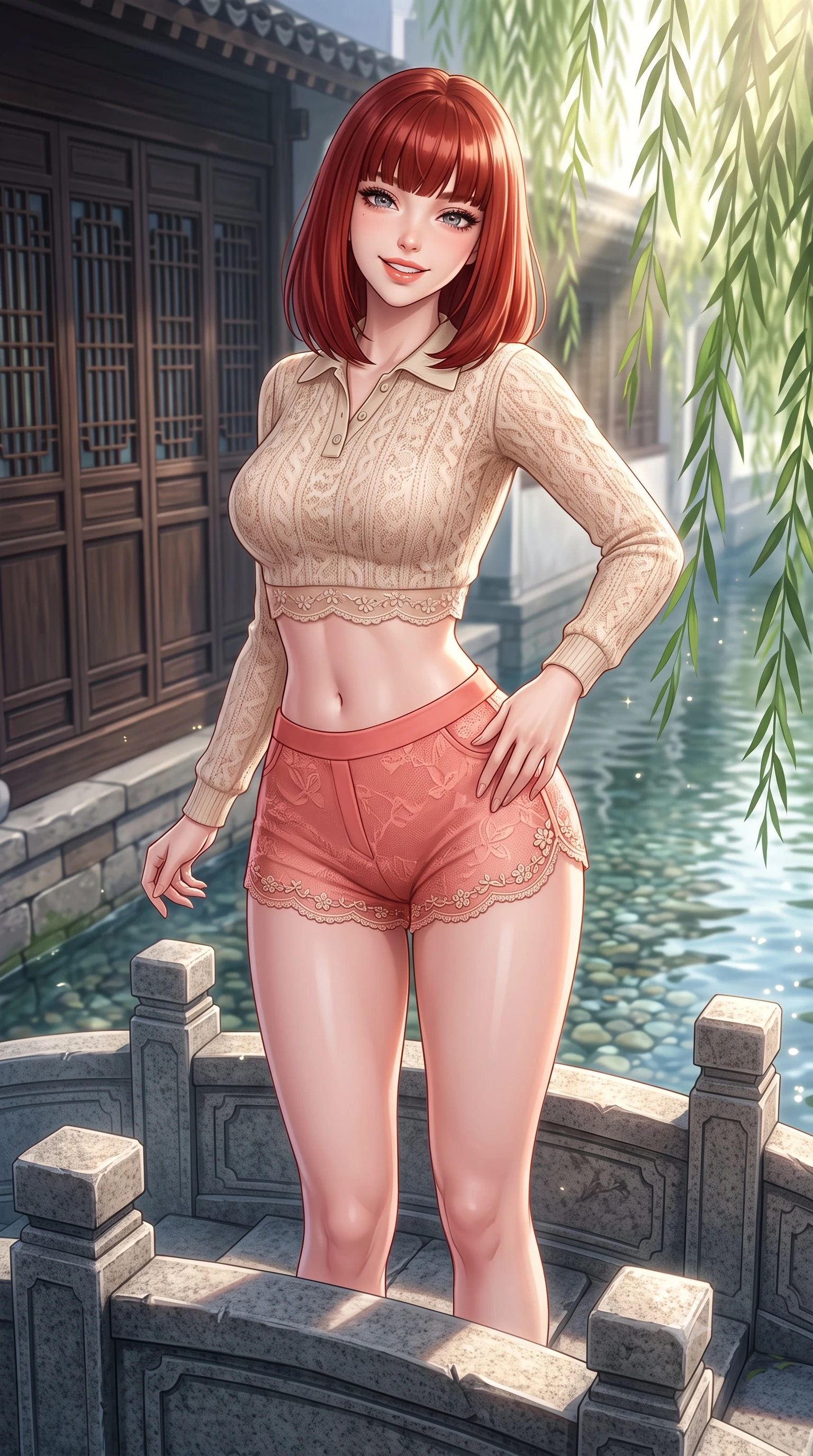score_9, masterpiece, best quality, ultra-detailed, high-budget anime keyframe, semi-realistic 3D game render, editorial fashion photography, tasteful artistic composition, Caucasian woman. close-up cowboy shot from the waist and thighs up, the character dominates the composition, filling the frame with her large presence. tilting her head with a cute beaming smile while arching her spine with effortless dancer poise, one hand sliding along her hip line in a flirtatious S-curve while pausing gracefully at the center of the small arched stone bridge, arching her lower back with a bright, charming smile as weeping willow fronds brush the water. The surrounding environment is rendered in vivid detail and crisp panoramic clarity. sharp carved granite bridge masonry, dark wooden lattice window screens, and canal pebble clarity in deep focus. She has an exceptionally elegant, slender, and willowy female figure with an ultra-slim waist, flat toned midriff, narrow ribcage, and sculpted feminine hips creating an alluring, slim hourglass silhouette without bulk. sharp v-shaped jawline, high-bridge nose, intricate jewel-like sparkling eyes with depth, thick eyelashes, glossy parted lips with a natural peach sheen, bright cheerful beaming smile with an enchanting and coquettish sensual glint, exuding both youthful cute charm and seductive allure, flawlessly proportioned anatomical accuracy, strict slender model proportions, natural body alignment, perfectly sculpted long slender limbs, ultra-slim waistline, clean dynamic posture without body distortion. wearing a cropped knitted polo sweater paired with high-cut tailored tennis shorts hugging her rounded hips in warm coral pink and soft oatmeal beige, made of sheer contouring stretch lace with delicate floral patterns, complemented by delicate embroidered floral trim along the hem, the form-contouring cut accentuating her sculpted flat midriff, narrow delicate ribcage, and gracefully curvy hips with supermodel precision. bathed in soft, sparkling morning sunbeams filtering through willow fronds onto the canal. highly saturated vibrant anime colors, detailed shading with soft gradients, rich glossy textures, high-contrast stereoscopic depth, volumetric dynamic lighting, master piece, 9:16 ratio