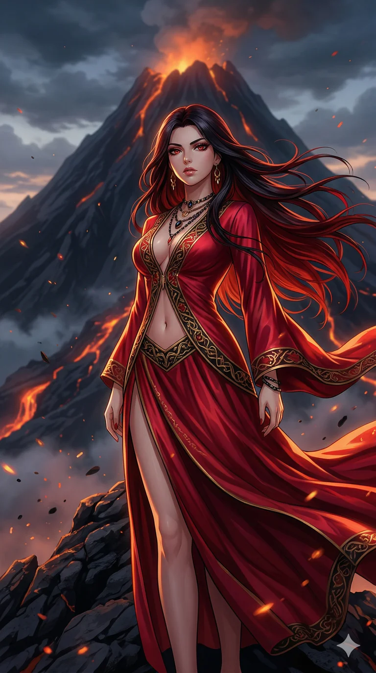 score_9, masterpiece, best quality, ultra-detailed, high-budget anime keyframe, an incredibly beautiful Caucasian woman (strictly human ears). Dynamic low angle cowboy shot filling the entire 9:16 frame with her statuesque presence. She is a fire priestess standing before an obsidian volcano. She has an absolutely perfect 8-heads proportion, an exceptionally tall and slender female figure with impossibly long slender legs and an ultra-slim waist. Her face is a highly detailed masterpiece featuring a sharp v-shaped jawline, high-bridge nose, intricate jewel-like eyes, thick eyelashes, and glossy lips. She is wearing a sensual crimson silk dress unzipped deeply, showing an exposed midriff. Floating embers, dark volcanic rock, dramatic rim lighting., 2k, ultra detail, master piece, 9:16 ratio