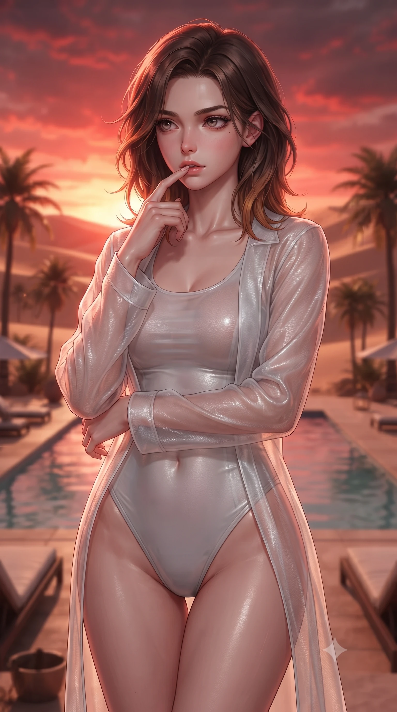 score_9, masterpiece, best quality, ultra-detailed, high-budget anime keyframe, editorial fashion photography, tasteful artistic composition, Korean woman woman. close-up cowboy shot from the waist and thighs up, the character dominates the composition, filling the frame with her large presence, background elements kept in soft focus. pressing one finger to her bottom lip in a thoughtful, seductive gesture under the warm sun the background shows a soft-focus a pool deck of a resort in a desert oasis, surrounded by palm trees and sand dunes. She has an exceptionally elegant, slender, and willowy female figure with an ultra-slim waist, a gracefully sculpted slender torso, and a refined silhouette. sharp v-shaped jawline, high-bridge nose, intricate jewel-like eyes with depth, thick eyelashes, glossy lips with a natural sheen. wearing a form-contouring semi-transparent white organza resort cover-up worn over a form-fitting one-piece swimsuit. the warm red and orange sunset sky casting a dramatic glow over the sands. ultra-reflective glossy finish, specular highlights, metallic sheen, high-contrast stereoscopic depth, volumetric dynamic lighting, 2k, ultra detail, master piece, 9:16 ratio