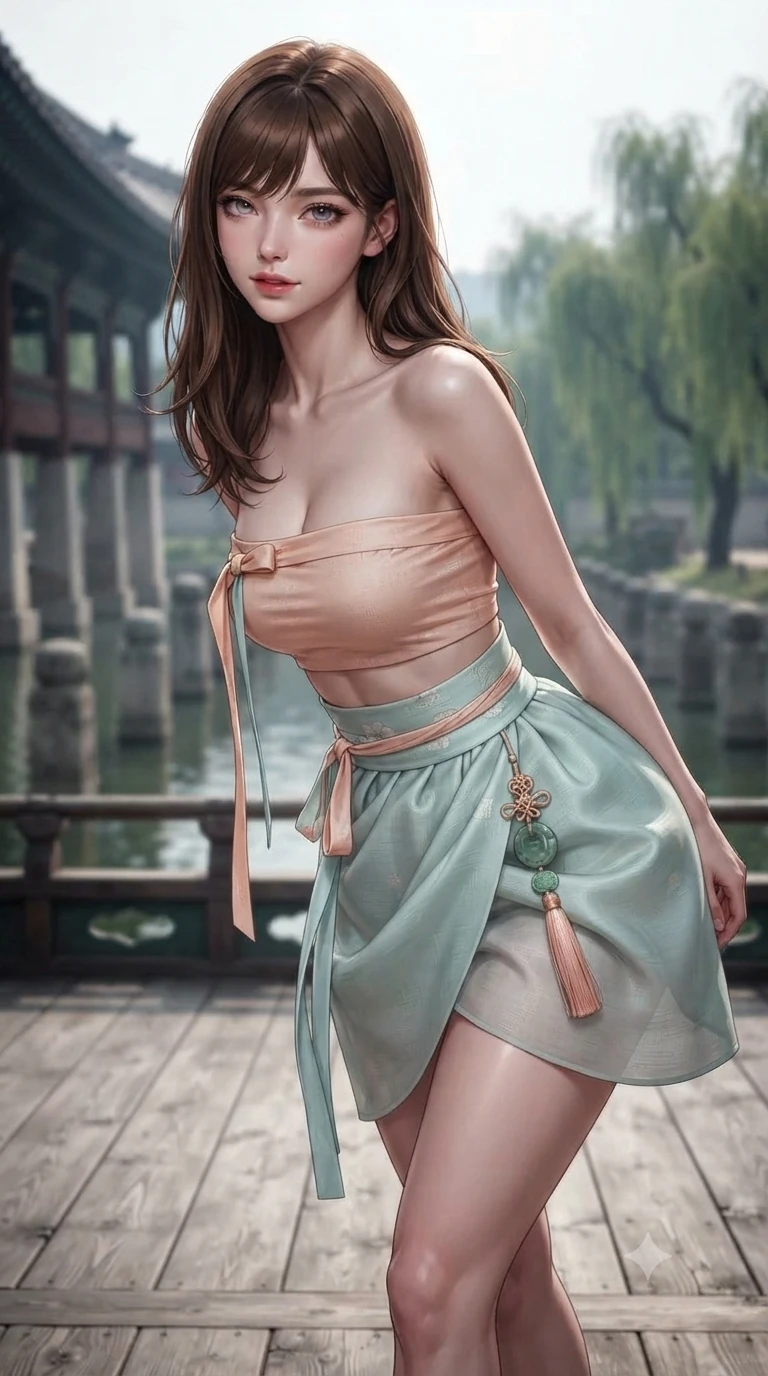 score_9, masterpiece, best quality, ultra-detailed, high-budget anime keyframe, editorial fashion photography, tasteful artistic composition, Korean woman. close-up cowboy shot from the waist and thighs up, the character dominates the composition, filling the frame with her large presence. leaning forward while arching her lower back to accentuate her curvy hips, looking into the camera with an intoxicating smoldering gaze and bedroom-eyes while walking slowly down the grand wooden pavilion deck with regal dark elegance, hips swaying in an alluring supermodel rhythm. The background shows a soft-focus dozens of stone columns rising from the lake, curved palace eaves, and distant weeping willows blurred into indigo, terracotta, and silver bokeh. She has an exceptionally elegant, slender, and willowy female figure with an ultra-slim waist, flat toned midriff, narrow ribcage, and sculpted feminine hips creating an alluring, slim hourglass silhouette without bulk. sharp v-shaped jawline, high-bridge nose, sparkling eyes with hypnotic seductive depth, thick curled eyelashes, glossy parted lips with a natural dewy peach sheen, alluring bedroom-eyes with an enchanting coquettish smile, exuding magnetic siren charisma and sophisticated glamour, flawlessly proportioned anatomical accuracy, strict slender model proportions, natural body alignment, perfectly sculpted long slender limbs, ultra-slim waistline, clean dynamic posture without body distortion. wearing an alluring low-slung modern hanbok wrap skirt with bare waist flanks and delicate silk cord ties in pastel peach blossom and celadon porcelain blue, woven from bespoke Korean ramie fabric with crisp tactile slub texture, finished with authentic carved jade pendants and traditional norigae knots, the bespoke structured tailoring following the natural line of her 8.5-heads silhouette with refined elegance. illuminated by lake water upward bounce and sharp silver-topaz rim lights defining her razor-sharp jawline, narrow waist, and curvy hips. ultra-reflective glossy finish, specular highlights, rich textural contrasts, high-contrast stereoscopic depth, volumetric dynamic lighting, 2k, ultra detail, master piece, 9:16 ratio