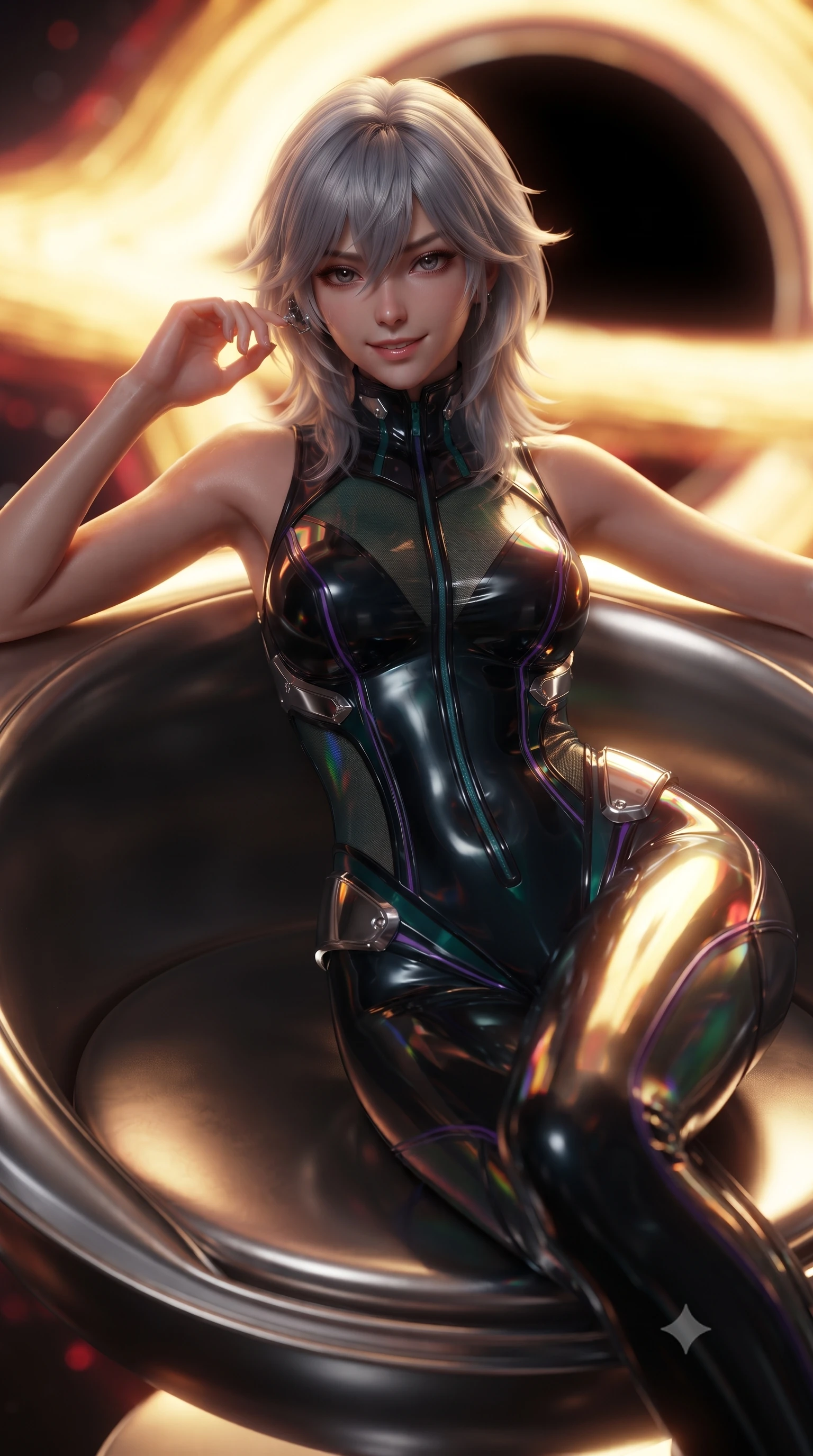 score_9, masterpiece, best quality, ultra-detailed, high-budget anime keyframe, editorial fashion photography, tasteful artistic composition, Japanese woman. close-up cowboy shot from the waist and thighs up, the character dominates the composition, filling the frame with her large presence. tilting her head with a captivating smile while arching her spine with dancer poise, one hand adjusting her ear comm-link in a flirtatious S-curve while reclining on a circular titanium lounger propped on one elbow, her flat midriff and long slender limbs glowing in cosmic event horizon radiance. The background shows a soft-focus the blinding golden and crimson swirling accretion disk around the pitch-black event horizon blurred into incandescent gold, ruby, and void bokeh. She has an exceptionally elegant, slender, and willowy female figure with an ultra-slim waist, flat toned midriff, narrow ribcage, and sculpted feminine hips creating an alluring, slim hourglass silhouette without bulk. sharp v-shaped jawline, high-bridge nose, intricate jewel-like sparkling eyes with depth, thick eyelashes, glossy parted lips with a natural sheen, bright confident smile with an enchanting and coquettish sensual glint, exuding both youthful magnetic charm and sovereign high-tech allure, flawlessly proportioned anatomical accuracy, strict slender model proportions, natural body alignment, perfectly sculpted long slender limbs, ultra-slim waistline, clean dynamic posture without body distortion. wearing a sleeveless high-collar cyber pilot suit in liquid-look obsidian jersey with strategic sheer ventilation panels in dark emerald teal and ultraviolet glow lines, woven from layered gossamer holographic organza casting chromatic prism reflections, accented with strategically placed chrome armor plate guards covering key curves, the aerodynamic second-skin silhouette tightly following the natural contour of her hips and long slender legs with youthful 8.5-heads elegance. bathed in intense, blazing golden and crimson relativistic light streaming from the accretion disk. ultra-reflective glossy finish, specular highlights, rich textural contrasts, high-contrast stereoscopic depth, volumetric dynamic lighting, 2k, ultra detail, master piece, 9:16 ratio