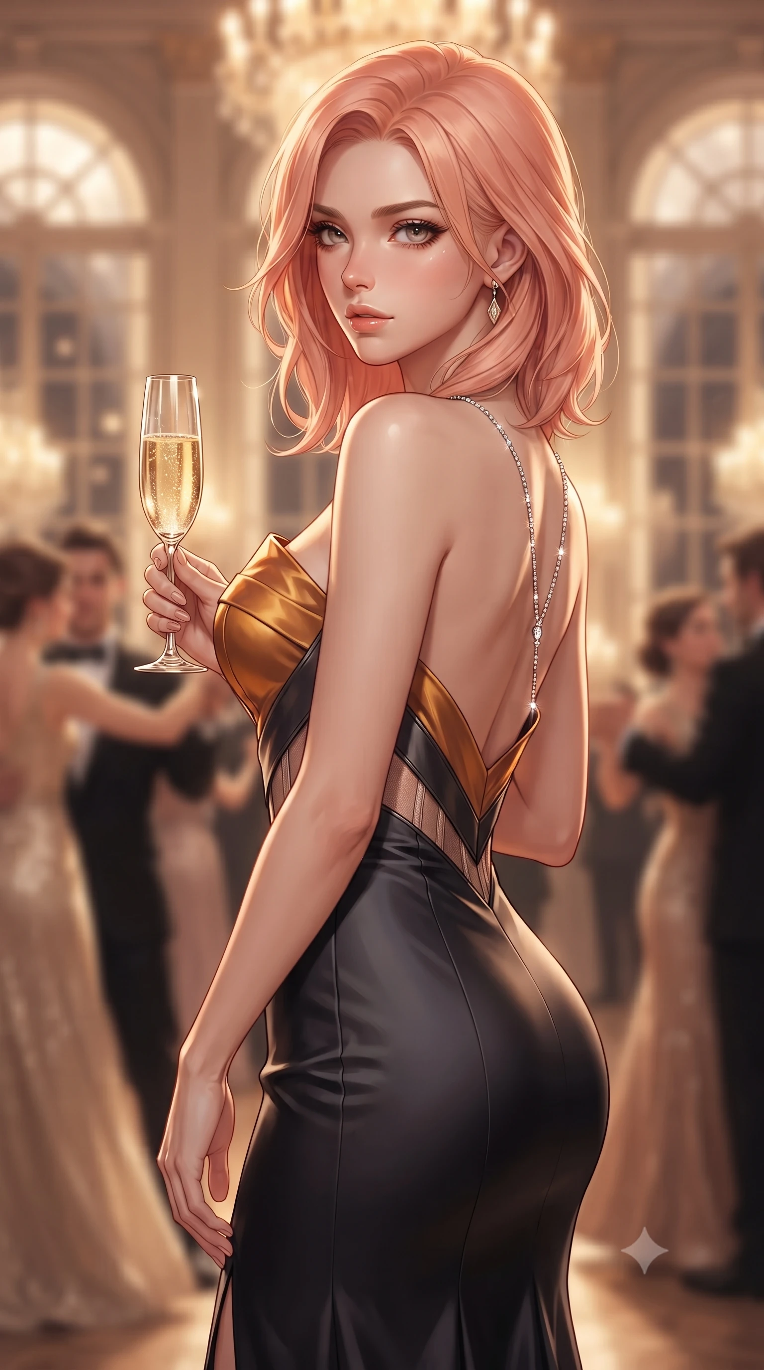 score_9, masterpiece, best quality, ultra-detailed, high-budget anime keyframe, editorial fashion photography, tasteful artistic composition, Japanese woman. close-up cowboy shot from the waist and thighs up, the character dominates the composition, filling the frame with her large presence. turning over her shoulder with an indomitable, smoldering gaze, her soft hair framing her razor-sharp v-shaped jawline while holding a crystal flute of sparkling champagne with delicate poise, her jewel-like eyes locked onto the viewer. The composition keeps background elements in soft focus with creamy bokeh. twirling ballroom gala guests and towering arched palace windows blurred into creamy champagne and amber bokeh. She has an exceptionally elegant, slender, and willowy female figure with an ultra-slim waist, a gracefully sculpted slender torso, toned flat midriff, and a refined slim silhouette. sharp v-shaped jawline, high-bridge nose, intricate jewel-like eyes with depth, thick eyelashes, glossy lips with a natural sheen, captivating and magnetic expression, flawlessly proportioned anatomical accuracy, strict slender model proportions, natural body alignment, perfectly sculpted long slender limbs, ultra-slim waistline, clean dynamic posture without body distortion. wearing a midnight silk crepe mermaid gown featuring an architectural strapless neckline in molten amber-gold and dark gunmetal, tailored from fluid silk crepe with delicate inner corsetry boning, accented with a glittering diamond back chain tracing her bare spine, the liquid-tight tailored fabric emphasizing every curve of her tall, slender model proportions and sculptured silhouette during dynamic movement. bathed in warm glowing candlelight and radiant gold chandelier downlights. ultra-reflective glossy finish, specular highlights, rich textural contrasts, high-contrast stereoscopic depth, volumetric dynamic lighting, 2k, ultra detail, master piece, 9:16 ratio