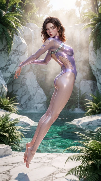 score_9, masterpiece, best quality, ultra-detailed, high-budget anime keyframe, editorial fashion photography, tasteful artistic composition, Korean woman. low angle full-body shot from head to toe showing her feet, filling the entire 9:16 vertical f
