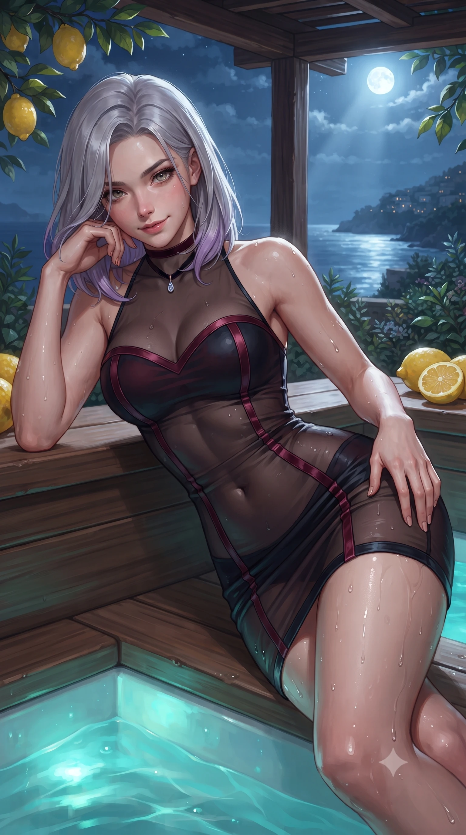 score_9, masterpiece, best quality, ultra-detailed, high-budget anime keyframe, editorial fashion photography, tasteful artistic composition, Caucasian woman. close-up cowboy shot from the waist and thighs up, the character dominates the composition, filling the frame with her large presence. tilting her head with a teasing half-smile, running one hand slowly down the side of her hip in a flirtatious S-curve as ambient light caresses her silhouette while lounging on the wide teak spa ledge propped on one elbow, her statuesque 8.5-heads silhouette commanding the moonlit Capri shoreline. The surrounding environment is rendered in vivid detail and crisp panoramic clarity: sharp rustic chestnut pergola wood grain, glossy yellow lemon rinds, and glistening water droplets on toned skin in deep focus. She has an exceptionally elegant, slender, and willowy female figure with an ultra-slim waist, flat toned midriff, narrow ribcage, and sculpted feminine hips creating an alluring, slim hourglass silhouette without bulk. sharp v-shaped jawline, high-bridge nose, sparkling eyes with hypnotic seductive depth, thick curled eyelashes, glossy parted lips with a natural dewy peach sheen, alluring bedroom-eyes with an enchanting coquettish smile, exuding magnetic siren charisma and sophisticated glamour, flawlessly proportioned anatomical accuracy, strict slender model proportions, natural body alignment, perfectly sculpted long slender limbs, ultra-slim waistline, clean dynamic posture without body distortion. wearing a provocative high-neck sheer illusion cocktail dress with liquid satin ribbons contouring her curves in Gion dark cherry and midnight obsidian, woven from buttery-soft stretch lambskin leather adhering to her body like a second skin, finished with a thin velvet ribbon choker and a single teardrop diamond pendant, the liquid-tight tailored fabric clinging flawlessly to her narrow waist and rounded feminine hips, emphasizing every millimeter of her sculpted slim hourglass curves without any bulky heaviness. bathed in warm underwater turquoise hydro-spa illumination contrasting with silver moonbeams filtering through lemon leaves. ultra-reflective glossy finish, specular highlights, rich textural contrasts, high-contrast stereoscopic depth, volumetric dynamic lighting, 2k, ultra detail, master piece, 9:16 ratio