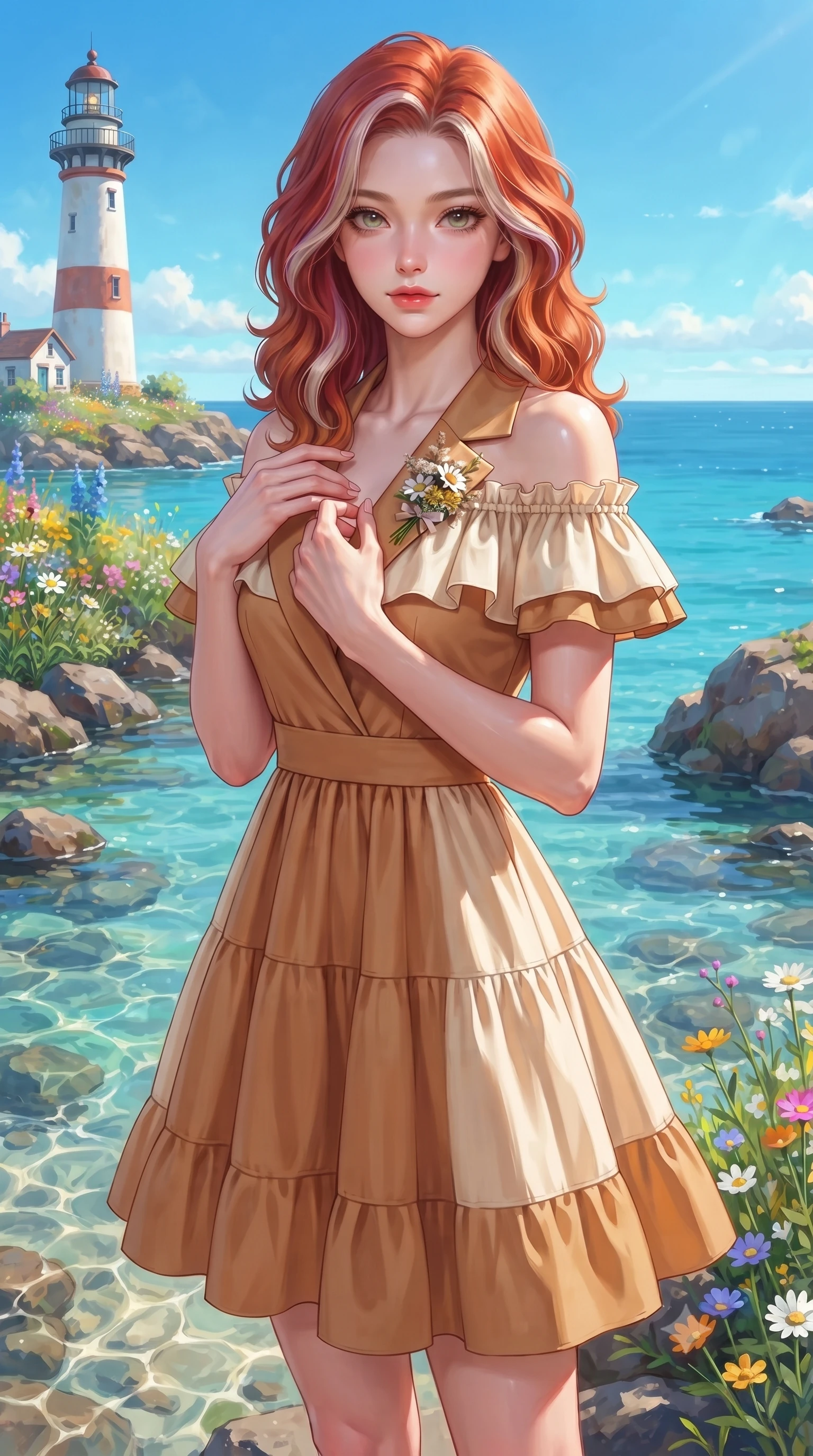 score_9, masterpiece, best quality, ultra-detailed, high-budget anime keyframe, editorial fashion photography, tasteful artistic composition, Caucasian woman. close-up cowboy shot from the waist and thighs up, the character dominates the composition, filling the frame with her large presence. holding her hands loosely near her heart with an enchanting, affectionate gaze looking directly into the lens while pausing near a charming coastal lighthouse, looking directly into the camera with twinkling, affectionate eyes. The surrounding environment is rendered in vivid detail and crisp panoramic clarity. crystal-clear shallow water caustics, coastal wildflowers, and panoramic ocean horizons in high resolution. She has an exceptionally elegant, slender, and willowy female figure with an ultra-slim waist, a gracefully sculpted slender torso, toned flat midriff, and a refined slim silhouette. sharp v-shaped jawline, high-bridge nose, intricate jewel-like eyes with depth, thick eyelashes, glossy lips with a natural sheen, pure and lovely fresh girlhood expression, flawlessly proportioned anatomical accuracy, strict slender model proportions, natural body alignment, perfectly sculpted long slender limbs, ultra-slim waistline, clean dynamic posture without body distortion. wearing a graceful off-shoulder cotton sundress with a ruffled neckline and tiered A-line skirt in warm caramel and cream vanilla, tailored from crisp organic cotton poplin, complemented by a delicate wildflower corsage pinned to the lapel, the soft airy drape swaying gracefully with her dynamic movements, emphasizing her tall willowy build and slim waistline. bathed in brilliant coastal summer sunshine and turquoise ocean water ambient bounce. ultra-reflective glossy finish, specular highlights, rich natural textures, high-contrast stereoscopic depth, volumetric dynamic lighting, 2k, ultra detail, master piece, 9:16 ratio