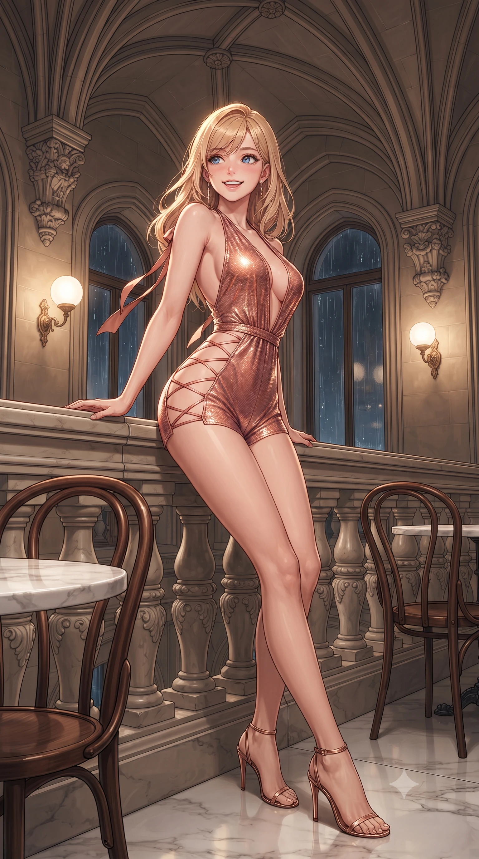 score_9, masterpiece, best quality, ultra-detailed, high-budget anime keyframe, editorial fashion photography, tasteful artistic composition, Caucasian woman. low angle full-body shot from head to toe showing her feet, filling the entire 9:16 vertical frame with her statuesque presence, stretching her vertical silhouette. leaning deep against the balcony balustrade with hips cocked back in an unapologetically alluring high-fashion stance, casting an intoxicating glance while standing poised beneath the soaring neo-Renaissance ribbed groin vaults, arching her lower back with sultry elegance as midnight rain taps against arched windows. The surrounding environment is rendered in vivid detail and crisp panoramic clarity: sharp carved stone vault corbels, polished white marble tabletop grain, and classic bentwood Thonet chair joints in deep focus. She has an exceptionally tall and slender model-like 8.5-heads proportion, an ultra-slim waist, a flat toned midriff, narrow delicate ribcage, and beautifully sculpted feminine hips creating a graceful, slim hourglass silhouette without any bulky heaviness, with impossibly long slender legs. sharp v-shaped jawline, high-bridge nose, intricate jewel-like sparkling eyes with depth, thick eyelashes, glossy parted lips with a natural peach sheen, bright cheerful beaming smile with an enchanting and coquettish sensual glint, exuding both youthful cute charm and seductive allure, flawlessly proportioned anatomical accuracy, strict slender model proportions, natural body alignment, perfectly sculpted long slender limbs, ultra-slim waistline, clean dynamic posture without body distortion. wearing a daring low-cut halterneck romper with exposed midriff and strappy hip cutouts in Grasse centifolia rose petal blush and burnished copper, crafted from stretch micro-mesh with liquid foil coating that shimmers with every movement, finished with satin ribbon ties at the shoulders fluttering in the gentle breeze, the liquid-tight tailored fabric clinging flawlessly to her narrow waist and rounded feminine hips, emphasizing every millimeter of her sculpted slim hourglass curves without any bulky heaviness. bathed in the warm, cozy 2400K illumination of milk-glass globes and brass reading sconces. ultra-reflective glossy finish, specular highlights, rich textural contrasts, high-contrast stereoscopic depth, volumetric dynamic lighting, 2k, ultra detail, master piece, 9:16 ratio