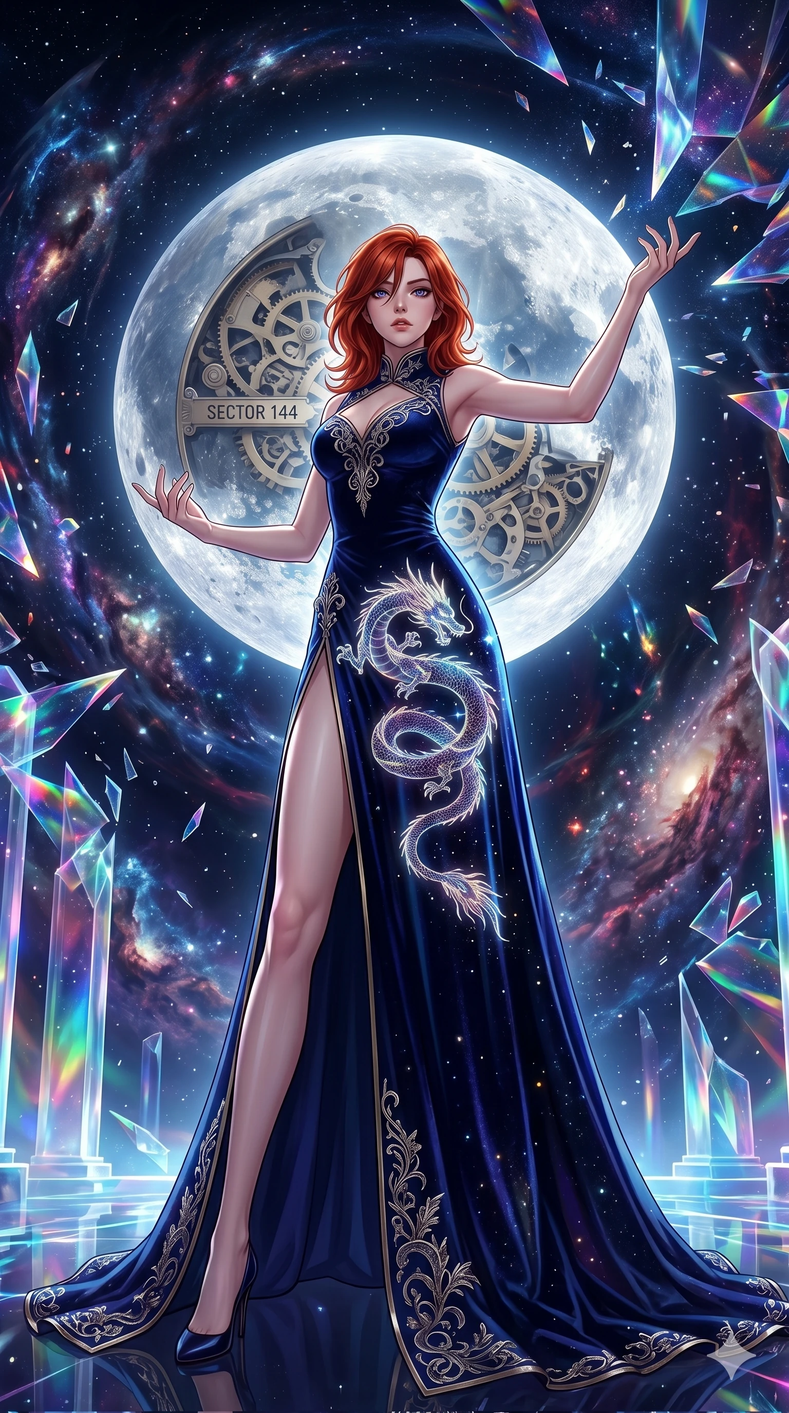 score_9, masterpiece, best quality, ultra-detailed, Set A: High-budget Anime Keyframe, Korean woman. Low angle cowboy shot filling the entire 9:16 frame with her statuesque presence. Theme: Abstract Cosmic. shattering the fabric of reality in a temple made of solid light, with a massive clockwork moon ticking behind her as sector 144. The atmosphere is filled with a swirling vortex of stars. She has an absolutely perfect 8-heads proportion, an exceptionally tall and slender female figure with impossibly long slender legs and an ultra-slim waist. Sharp v-shaped jawline, high-bridge nose, intricate jewel-like eyes with depth, glossy lips. Wearing High-slit velvet gown with integrated holographic projection of a dragon. Cinematic lighting, vivid colors, dramatic shadows, 2k, ultra detail, master piece, 9:16 ratio