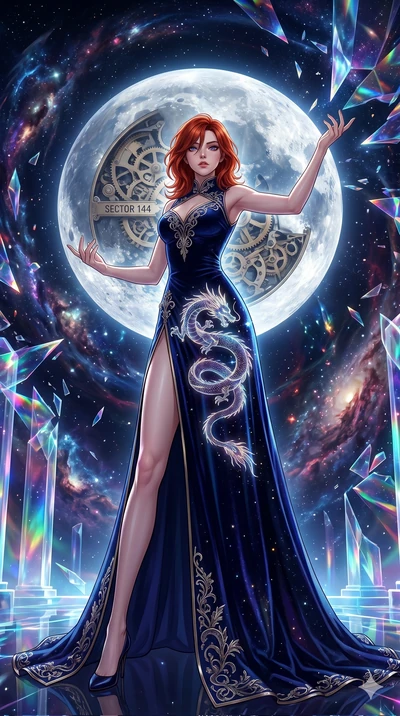 score_9, masterpiece, best quality, ultra-detailed, Set A: High-budget Anime Keyframe, Korean woman. Low angle cowboy shot filling the entire 9:16 frame with her statuesque presence. Theme: Abstract Cosmic. shattering the fabric of reality in a templ