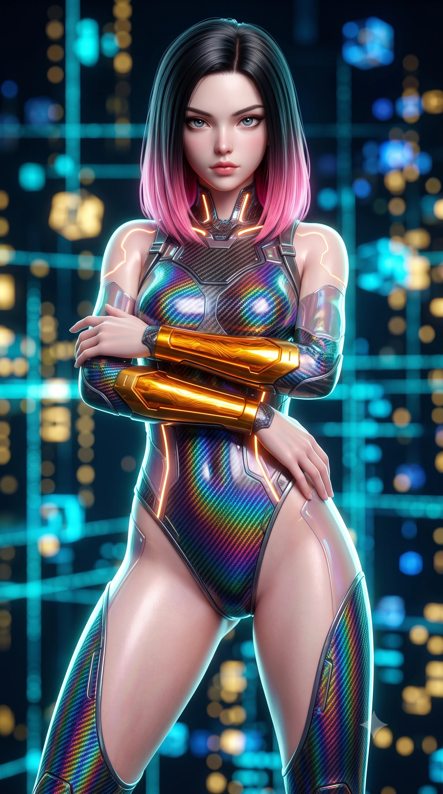 score_9, masterpiece, best quality, ultra-detailed, high-budget anime keyframe, semi-realistic 3D game render, editorial fashion photography, tasteful artistic composition, Korean woman. close-up cowboy shot from the waist and thighs up, the character dominates the composition, filling the frame with her large presence. shifting into a low cat-stance with arms crossed defensively, glowing energy conduits tracing her ultra-slim waist and sculpted clavicle while resting one hand along her slender hip while gazing into the lens with an omniscient, dangerous martial smolder. The composition keeps background elements in soft focus with creamy bokeh. pulsing quantum grid lines and floating data cubes blurred into rich electric cyan, gold, and sapphire bokeh. She has an exceptionally elegant, slender, and willowy female figure with an ultra-slim waist, a gracefully sculpted slender torso, toned flat midriff, and a refined slim silhouette. sharp v-shaped jawline, high-bridge nose, intricate jewel-like eyes with depth, thick eyelashes, glossy lips with a natural sheen, flawlessly proportioned anatomical accuracy, strict slender model proportions, natural body alignment, perfectly sculpted long slender limbs, ultra-slim waistline, clean dynamic posture without body distortion. wearing a high-gloss iridescent rainbow carbon-weave bodysuit with translucent cybernetic panels and Damascus-steel forearm bracers in molten amber-gold carbon cuirass with dark titanium weave, formed from high-gloss patent carbon-plating with specular chiaroscuro reflections, reinforced by a sleek titanium kinetic harness and glowing micro-energy straps, the form-contouring material adhering flawlessly to her sculpted flat midriff and slender torso, emphasizing her long leg lines and perfectly proportioned willowy build. illuminated by sharp specular highlights tracing her ultra-slim waist, long legs, and sculpted collarbones. rich saturated anime colors with glowing neon highlights, detailed shading with soft gradients, rich glossy textures, high-contrast stereoscopic depth, volumetric dynamic lighting, master piece, 9:16 ratio