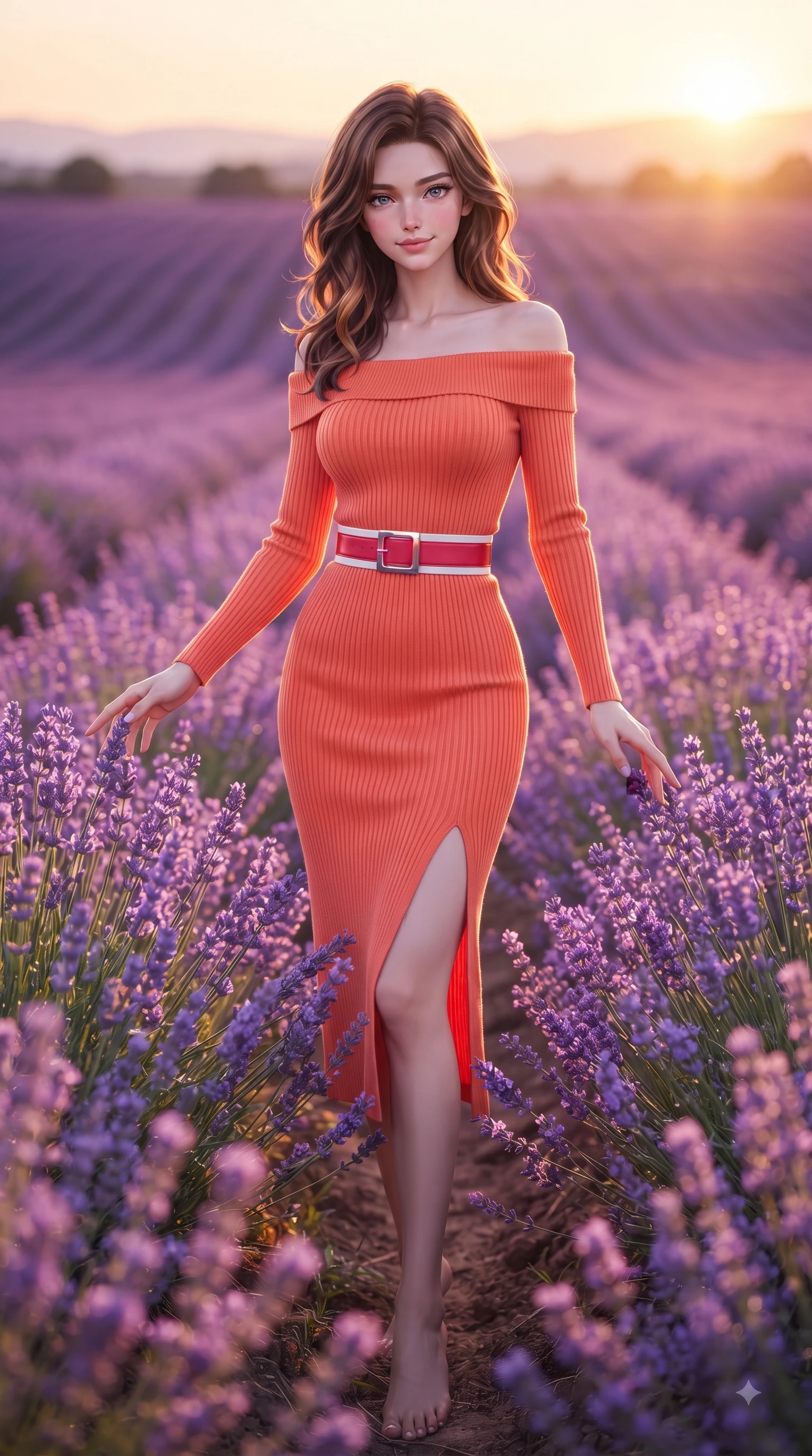 score_9, masterpiece, best quality, ultra-detailed, high-budget anime keyframe, editorial fashion photography, tasteful artistic composition, Korean woman. low angle full-body shot from head to toe showing her feet, filling the entire 9:16 vertical frame with her statuesque presence, stretching her vertical silhouette. Pure innocent expression with clear crystalline eyes, a gentle tender smile, and an airy serene aura while reaching out softly to touch flowering lavender stalks while looking into the camera lens. The surrounding environment is rendered in vivid detail and crisp panoramic clarity. rich purple and gold color contrast in the landscape rendered with high environmental clarity. She has an absolutely perfect, statuesque 8.5-heads proportion, an exceptionally tall and slender model-like female figure with impossibly long slender legs and an ultra-slim waist. sharp v-shaped jawline, high-bridge nose, intricate jewel-like eyes with depth, thick eyelashes, glossy lips with a natural sheen, flawlessly proportioned anatomical accuracy, natural body alignment, perfectly sculpted elegant limbs, clean dynamic posture without body distortion. wearing a bold coral orange off-shoulder ribbed knit dress with a fitted waist belt in vibrant crimson red and crisp snow white, tailored from crisp high-density cotton poplin, finished with a sleek side slit ascending to mid-thigh, the sleek second-skin fit accentuating her magnetic presence. surrounded by a romantic, dreamy, and painterly nature editorial atmosphere. ultra-reflective glossy finish, specular highlights, metallic sheen, high-contrast stereoscopic depth, volumetric dynamic lighting, 2k, ultra detail, master piece, 9:16 ratio
