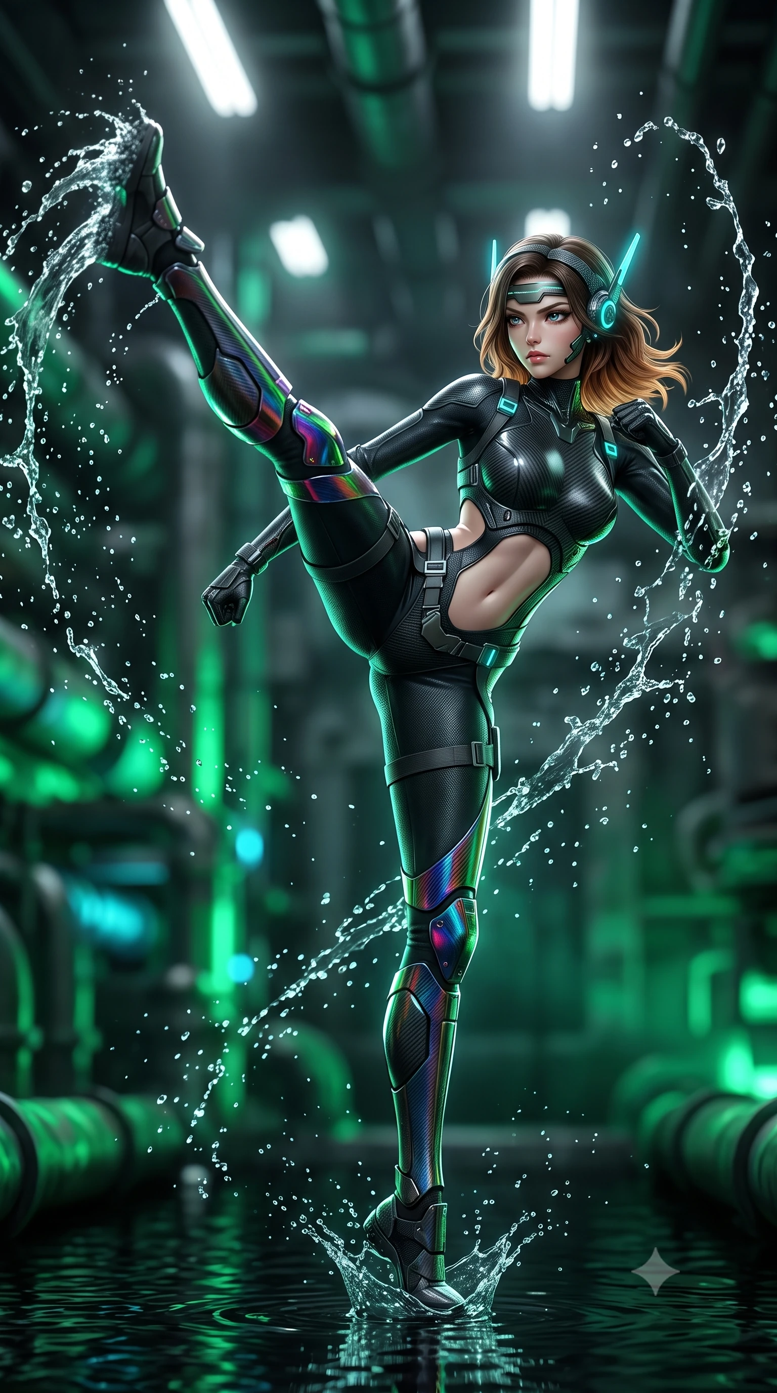 score_9, masterpiece, best quality, ultra-detailed, high-budget anime keyframe, semi-realistic 3D game render, editorial fashion photography, tasteful artistic composition, Korean woman. low angle full-body shot from head to toe showing her feet, filling the entire 9:16 vertical frame with her statuesque presence, stretching her vertical silhouette. striding forward with sovereign warrior elegance in a low, predatory combat advance through the ruins, hips swaying with fierce athletic poise while executing a soaring 180-degree spinning hook kick above black industrial floodwaters with reinforced kinetic shin guards spraying water arcs. The composition keeps background elements in soft focus with creamy bokeh. splashing water droplets and glowing green biochemical drain pipes blurred into radiant emerald, cyan, and charcoal bokeh. She has an absolutely perfect, statuesque 8.5-heads proportion, an exceptionally tall and slender model-like female figure with impossibly long slender legs, a toned flat midriff, and an ultra-slim waist. sharp v-shaped jawline, high-bridge nose, intricate jewel-like eyes with depth, thick eyelashes, glossy lips with a natural sheen, fierce and resolute heroine expression, flawlessly proportioned anatomical accuracy, strict slender model proportions, natural body alignment, perfectly sculpted long slender limbs, ultra-slim waistline, clean dynamic posture without body distortion. wearing a lightweight carbon-fiber tactical sensory headpiece with glowing cyan ear-antennae and an ultra-thin forehead HUD brow-band, paired with a form-contouring high-mobility battle-suit featuring sculpted carbon chest plating, diagonal midriff ventilation cutouts, and kinetic knee vambraces in high-gloss iridescent rainbow carbon with scorched titanium plating, made of liquid carbon-jersey fabric accentuating every curve of her tall, slender model proportions, reinforced by a heavy-duty titanium tactical harness and glowing micro-energy status straps, the form-contouring material adhering flawlessly to her sculpted flat midriff and slender torso, emphasizing her long leg lines and perfectly proportioned willowy build. bathed in eerie emerald biochemical uplights and cold white fluorescent ceiling spotlights. rich saturated anime colors with glowing neon highlights, detailed shading with soft gradients, rich glossy textures, high-contrast stereoscopic depth, volumetric dynamic lighting, master piece, 9:16 ratio