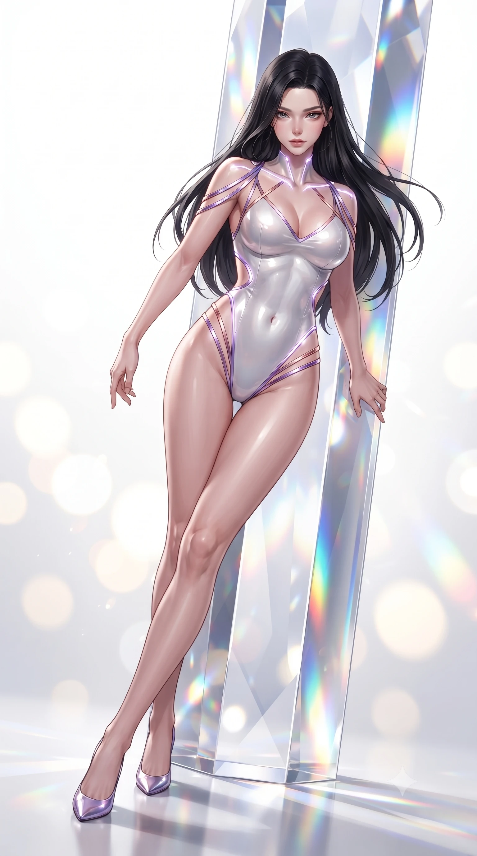 score_9, masterpiece, best quality, ultra-detailed, high-budget anime keyframe, editorial fashion photography, tasteful artistic composition, Korean woman. low angle full-body shot from head to toe showing her feet, filling the entire 9:16 vertical frame with her statuesque presence, stretching her vertical silhouette. pivoting dynamically in mid-motion with a breathtakingly alluring posture, displaying her flawless model proportions and ultra-slim waist while leaning against a towering optical crystal pillar with a haughty, smoldering gaze amidst pure white daylight. The composition keeps background elements in soft focus with creamy bokeh. bright multi-colored light refractions creating a glowing, spectrum-lit backdrop. She has an absolutely perfect, statuesque 8.5-heads proportion, an exceptionally tall and slender model-like female figure with impossibly long slender legs, a toned flat midriff, and an ultra-slim waist. sharp v-shaped jawline, high-bridge nose, intricate jewel-like eyes with depth, thick eyelashes, glossy lips with a natural sheen, flawlessly proportioned anatomical accuracy, strict slender model proportions, natural body alignment, perfectly sculpted long slender limbs, ultra-slim waistline, clean dynamic posture without body distortion. wearing a second-skin white liquid-mercury micro-bodysuit sculpted tightly to her slender build, featuring razor-thin metallic straps and hip cutouts in luminous lavender violet and rose gold, crafted from ultra-reflective second-skin latex with a high-gloss glass-like polish, accented with glowing fiber-optic seams tracing her collarbones and hip curves, the sleek second-skin cut tightly hugging her graceful clavicle, narrow waist, and feminine curves with athletic precision. surrounded by a hyper-creative, radiant, and fiercely chic modern fashion editorial aura. ultra-reflective glossy finish, specular highlights, metallic sheen, high-contrast stereoscopic depth, volumetric dynamic lighting, 2k, ultra detail, master piece, 9:16 ratio