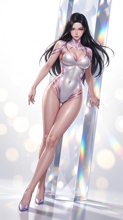 score_9, masterpiece, best quality, ultra-detailed, high-budget anime keyframe, editorial fashion photography, tasteful artistic composition, Korean woman. low angle full-body shot from head to toe showing her feet, filling the entire 9:16 vertical f
