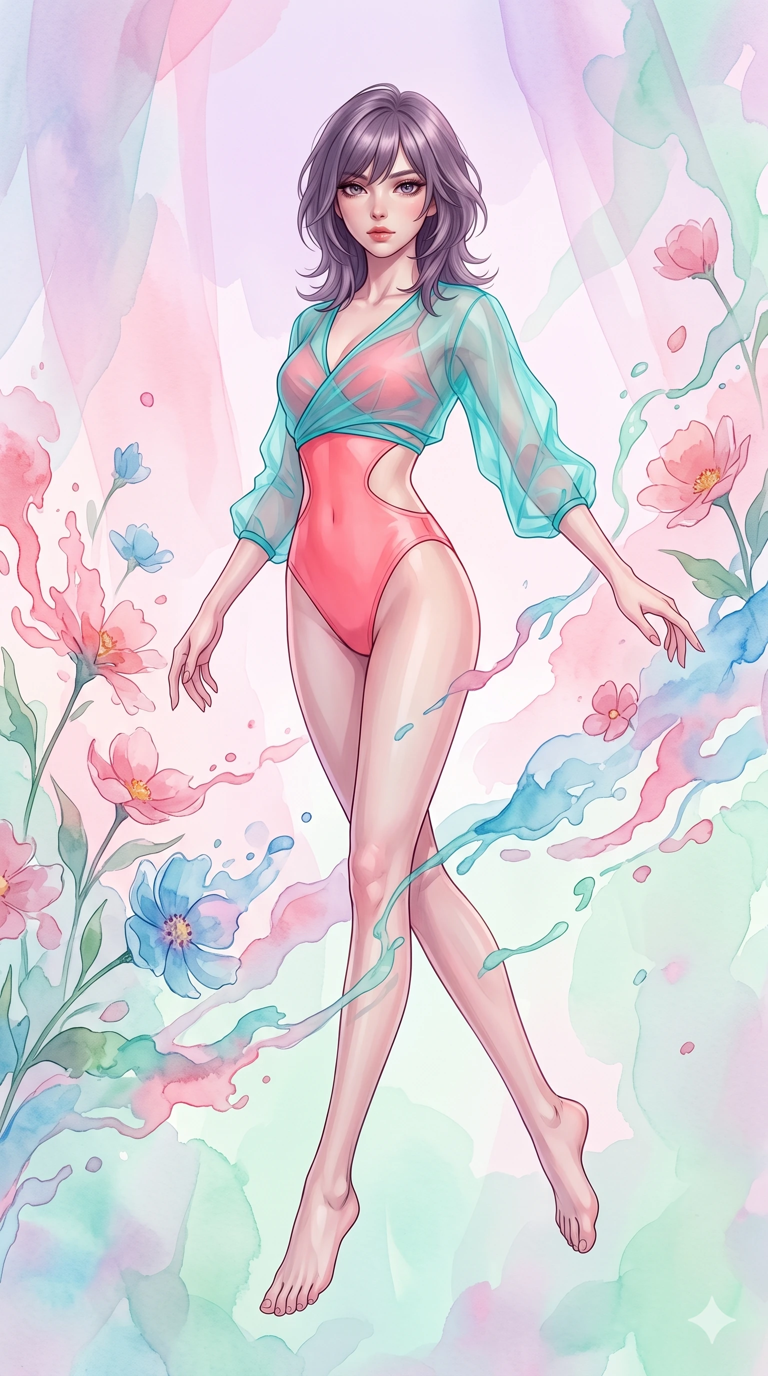 score_9, masterpiece, best quality, ultra-detailed, high-budget anime keyframe, editorial fashion photography, tasteful artistic composition, Japanese woman. low angle full-body shot from head to toe showing her feet, filling the entire 9:16 vertical frame with her statuesque presence, stretching her vertical silhouette. leaping gracefully through a dreamlike garden where watercolor paint flows in real-time through the air, flowers dissolving into liquid pigment strokes that drift and bloom in pastel washes of rose, cerulean, and mint. She has a statuesque 8.5-heads proportion, an exceptionally tall, slender and willowy model-like build with impossibly long legs and a highly sculpted ultra-slim waist. sharp v-shaped jawline, high-bridge nose, intricate jewel-like eyes with depth, thick eyelashes, glossy lips with a natural sheen. wearing a vibrant coral pink bodysuit with a dramatic architectural open-waist cutout, layered naturally under a sheer turquoise organza wrap shrug to accent her slender waist. soft diffused natural light filtering through layers of translucent watercolor washes casting gentle pastel pink lavender and mint green ambient glow. 2k, ultra detail, master piece, 9:16 ratio
