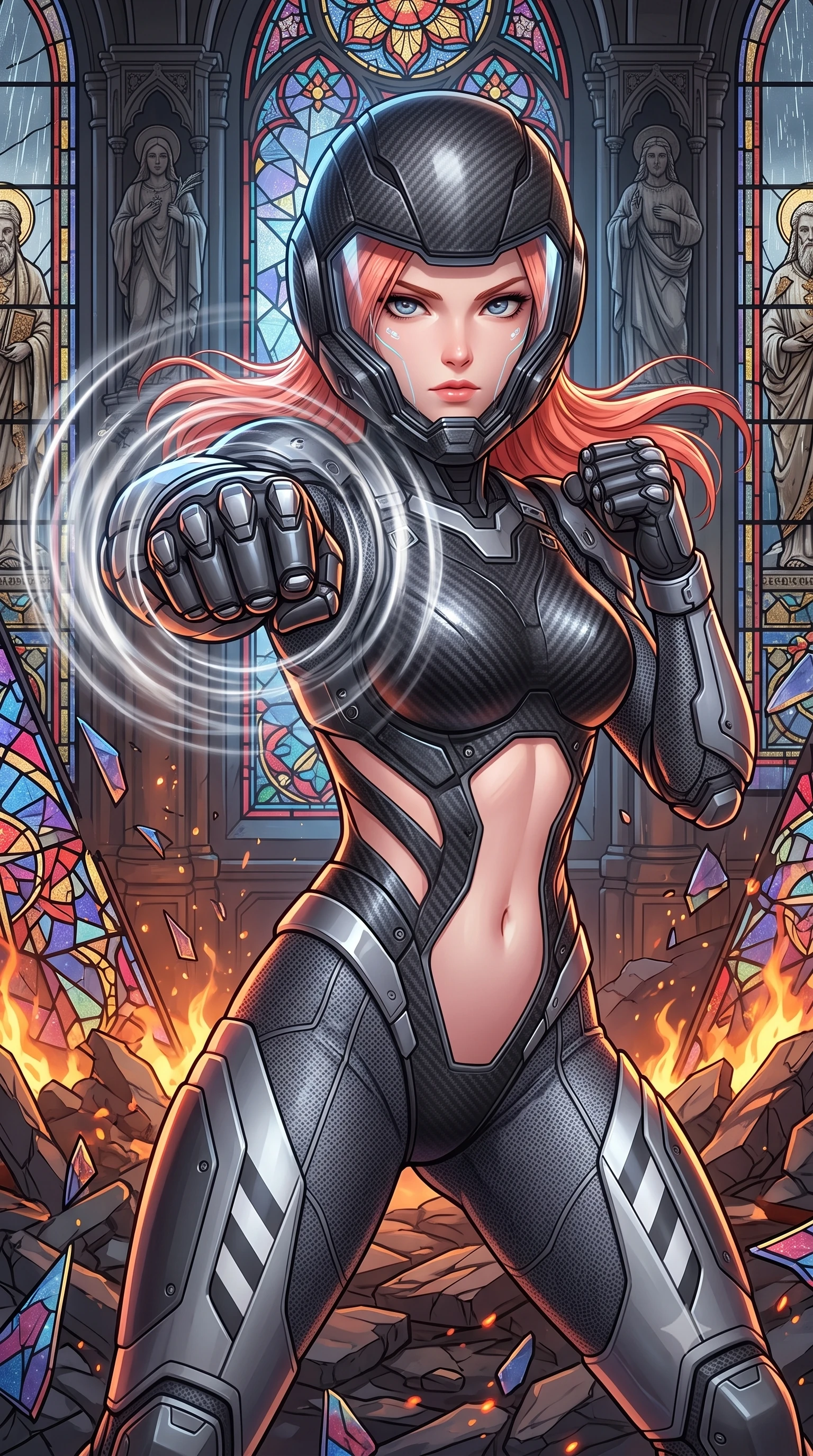 score_9, masterpiece, best quality, ultra-detailed, high-budget anime keyframe, semi-realistic 3D game render, editorial fashion photography, tasteful artistic composition, Japanese woman. close-up cowboy shot from the waist and thighs up, the character dominates the composition, filling the frame with her large presence. thrusting a high-speed kinetic punch toward the camera, a visible conical shockwave distortion wrapping around her armored forearm while assuming a deadly Panzer Kunst fighting stance amidst the shattered stained glass and burning rubble of a cybernetic cathedral. The surrounding environment is rendered in vivid detail and crisp panoramic clarity. detailed saint statue reliefs, rain-streaked stained glass borders, and armor joint mesh in high clarity. She has an exceptionally elegant, slender, and willowy female figure with an ultra-slim waist, a gracefully sculpted slender torso, toned flat midriff, and a refined slim silhouette. sharp v-shaped jawline, high-bridge nose, intricate jewel-like eyes with depth, thick eyelashes, glossy lips with a natural sheen, fierce and resolute heroine expression, flawlessly proportioned anatomical accuracy, strict slender model proportions, natural body alignment, perfectly sculpted long slender limbs, ultra-slim waistline, clean dynamic posture without body distortion. wearing an open-face aerodynamic carbon-fiber combat helmet with a retracted transparent holographic HUD visor framing her sharp jawline and jewel-like eyes, paired with a form-contouring high-mobility battle-suit featuring sculpted carbon chest plating, diagonal midriff ventilation cutouts, and kinetic knee vambraces in storm-grey carbon mesh with high-contrast white hazard stripes, made of lightweight aerodynamic carbon-titanium alloy with precision-beveled armor seams, detailed with kinetic shock-dampening knuckle guards and polished chrome connection joints, the precision-cut daring openings accentuating her delicate midriff, graceful bare collarbones, and ultra-slim feminine waistline. illuminated by crisp directional key light defining her razor-sharp jawline, eyes, and ultra-slim waist. rich saturated anime colors with glowing neon highlights, detailed shading with soft gradients, rich glossy textures, high-contrast stereoscopic depth, volumetric dynamic lighting, master piece, 9:16 ratio