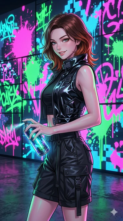 score_9, masterpiece, best quality, ultra-detailed, high-budget anime keyframe, Korean woman. Upper body close-up from the thighs up, character filling the screen for maximum presence. Standing in front of a giant digital graffiti wall, holding a glo