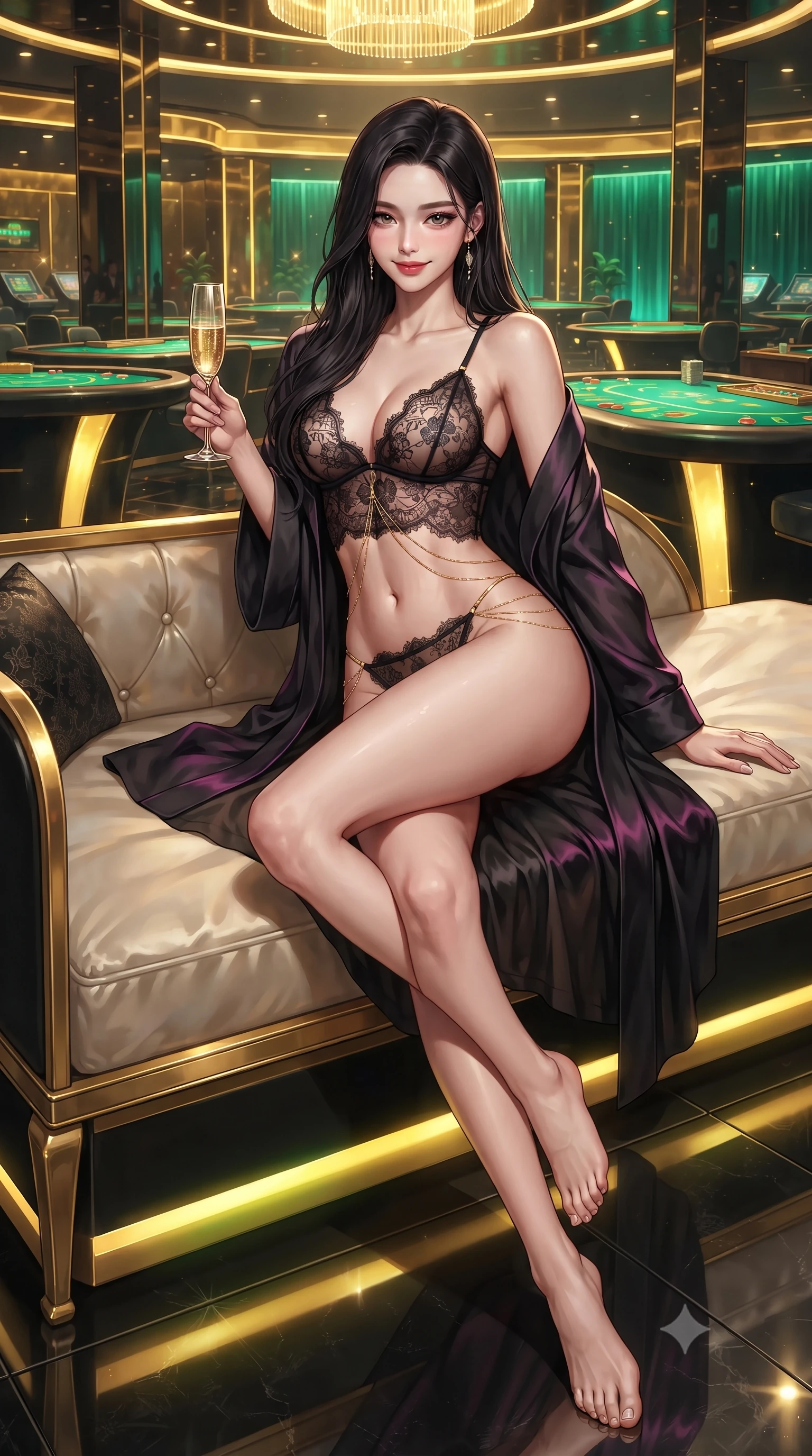score_9, masterpiece, best quality, ultra-detailed, high-budget anime keyframe, editorial fashion photography, tasteful artistic composition, Korean woman. low angle full-body shot from head to toe showing her feet, filling the entire 9:16 vertical frame with her statuesque presence, stretching her vertical silhouette. lounging on the lavish daybed with legs crossed and hips angled toward the camera, displaying her toned midriff and long slender limbs with effortless siren poise while lounging in the gold-trimmed VIP banquette propped on one elbow, holding a champagne flute with effortless sovereign gambler cool. The surrounding environment is rendered in vivid detail and crisp panoramic clarity: detailed liquid metallic lamé slip dress cling, diamond body harness shine, and futuristic penthouse casino architecture in razor-sharp precision. She has an absolutely perfect, statuesque 8.5-heads proportion, an exceptionally tall and slender model-like female figure with impossibly long slender legs, an ultra-slim waist, a flat toned midriff, narrow delicate ribcage, and beautifully sculpted feminine hips creating a graceful, slim hourglass silhouette without any bulky heaviness. sharp v-shaped jawline, high-bridge nose, sparkling eyes with hypnotic seductive depth, thick curled eyelashes, glossy parted lips with a natural dewy peach sheen, alluring bedroom-eyes with an enchanting coquettish smile, exuding magnetic siren charisma and sophisticated glamour, flawlessly proportioned anatomical accuracy, strict slender model proportions, natural body alignment, perfectly sculpted long slender limbs, ultra-slim waistline, clean dynamic posture without body distortion. wearing a delicate semi-sheer botanical lace teddy layered under an open lightweight linen kimono draped over bare shoulders in wet-look onyx black with electric magenta reflections, crafted from fluid liquid silk satin that clings smoothly to every curve with a dewy sheen, accented with a dainty gold belly chain resting across her flat midriff and curving hips, the glove-like clinging cut tightly following the natural contour of her hips and long slender legs with youthful 8.5-heads elegance. bathed in intense gold and emerald illumination radiating from under-lit gaming tables. ultra-reflective glossy finish, specular highlights, rich textural contrasts, high-contrast stereoscopic depth, volumetric dynamic lighting, 2k, ultra detail, master piece, 9:16 ratio