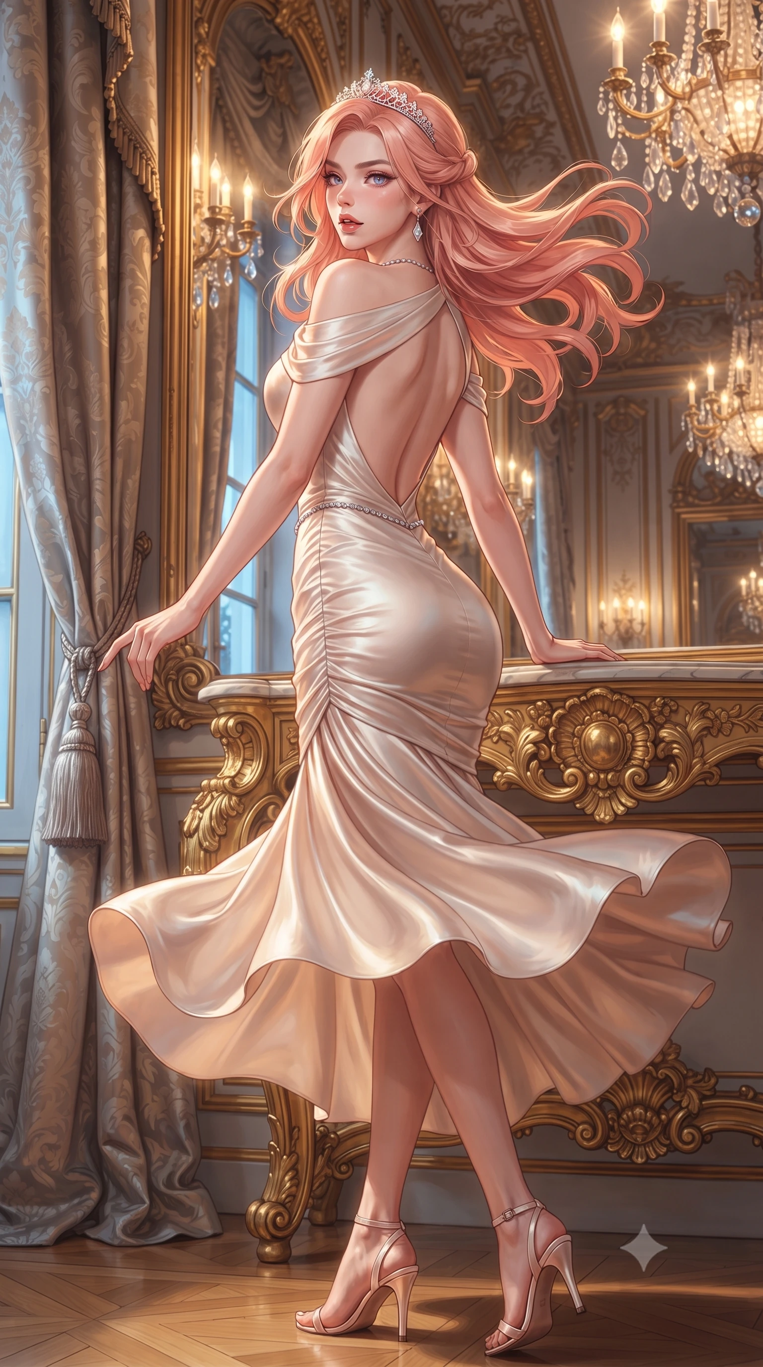 score_9, masterpiece, best quality, ultra-detailed, high-budget anime keyframe, semi-realistic 3D game render, editorial fashion photography, tasteful artistic composition, Japanese woman. low angle full-body shot from head to toe showing her feet, filling the entire 9:16 vertical frame with her statuesque presence, stretching her vertical silhouette. executing an elegant mid-motion pivot turn as garments swirl around her slender limbs, glancing over her shoulder with an intoxicating bedroom-gaze while leaning back against a carved gilded console table with hips cocked, casting a haughty, imperial bedroom-gaze into the mirrored salon. The surrounding environment is rendered in vivid detail and crisp panoramic clarity. detailed heavy silk brocade drape, diamond tiara sparkle, and palace architecture clarity in high resolution. She has an exceptionally tall and slender model-like 8.5-heads proportion, an ultra-slim waist, a flat toned midriff, narrow delicate ribcage, and beautifully sculpted feminine hips creating a graceful, slim hourglass silhouette without any bulky heaviness, with impossibly long slender legs. sharp v-shaped jawline, high-bridge nose, intricate jewel-like eyes with depth, thick eyelashes, glossy parted lips with a natural sheen, intensely captivating and seductive bedroom-eyes expression, flawlessly proportioned anatomical accuracy, strict slender model proportions, natural body alignment, perfectly sculpted long slender limbs, ultra-slim waistline, clean dynamic posture without body distortion. wearing a form-contouring cocktail dress with an asymmetrical open shoulder and hip-defining ruching in vintage champagne ivory and delicate rose gold, tailored from ultra-smooth duchess satin with a pearlescent sheen, accented with a dainty diamond waist chain catching the ambient light reflections, the dramatically scooped open back descending to the base of her spine, accentuating her razor-sharp statuesque lines and slim hourglass silhouette. bathed in warm opulent golden crystal chandelier downlights contrasting with cool winter blue window fill. highly saturated vibrant anime colors, detailed shading with soft gradients, rich glossy textures, high-contrast stereoscopic depth, volumetric dynamic lighting, master piece, 9:16 ratio