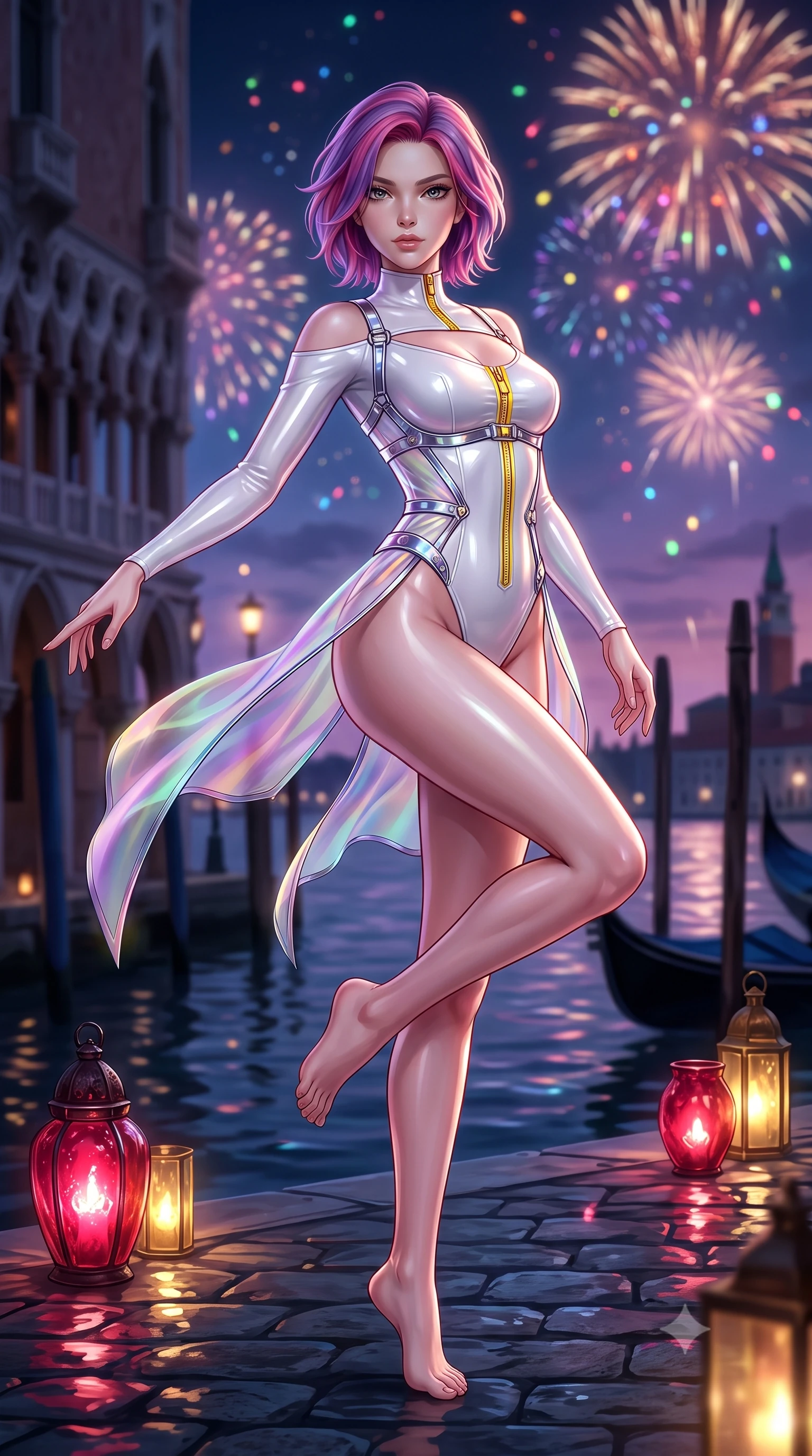 score_9, masterpiece, best quality, ultra-detailed, high-budget anime keyframe, semi-realistic 3D game render, editorial fashion photography, tasteful artistic composition, Caucasian woman. low angle full-body shot from head to toe showing her feet, filling the entire 9:16 vertical frame with her statuesque presence, stretching her vertical silhouette. pivoting dynamically in mid-motion with a breathtakingly alluring posture, displaying her flawless model proportions and ultra-slim waist while standing with regal poise on a private palazzo water dock as Murano glass lanterns cast glowing ruby and gold reflections. The composition keeps background elements in soft focus with creamy bokeh. glowing carnival fireworks scattering colorful light motes across a romantic evening sky. She has an absolutely perfect, statuesque 8.5-heads proportion, an exceptionally tall and slender model-like female figure with impossibly long slender legs, a toned flat midriff, and an ultra-slim waist. sharp v-shaped jawline, high-bridge nose, intricate jewel-like eyes with depth, thick eyelashes, glossy lips with a natural sheen, flawlessly proportioned anatomical accuracy, strict slender model proportions, natural body alignment, perfectly sculpted long slender limbs, ultra-slim waistline, clean dynamic posture without body distortion. wearing a glossy white second-skin latex bodysuit with high-thigh cuts, exposed clavicle neckline, and gleaming zipper details in vibrant sunburst canary yellow and gold trim, made of smooth iridescent silk chiffon that shifts colors with movement, reinforced by a sleek metallic chrome harness and delicate glowing micro-straps, the sleek second-skin cut tightly hugging her graceful clavicle, narrow waist, and feminine curves with athletic precision. surrounded by an opulent, mysterious, and intensely seductive Venetian aristocracy aura. highly saturated vibrant anime colors, detailed shading with soft gradients, rich glossy textures, high-contrast stereoscopic depth, volumetric dynamic lighting, master piece, 9:16 ratio