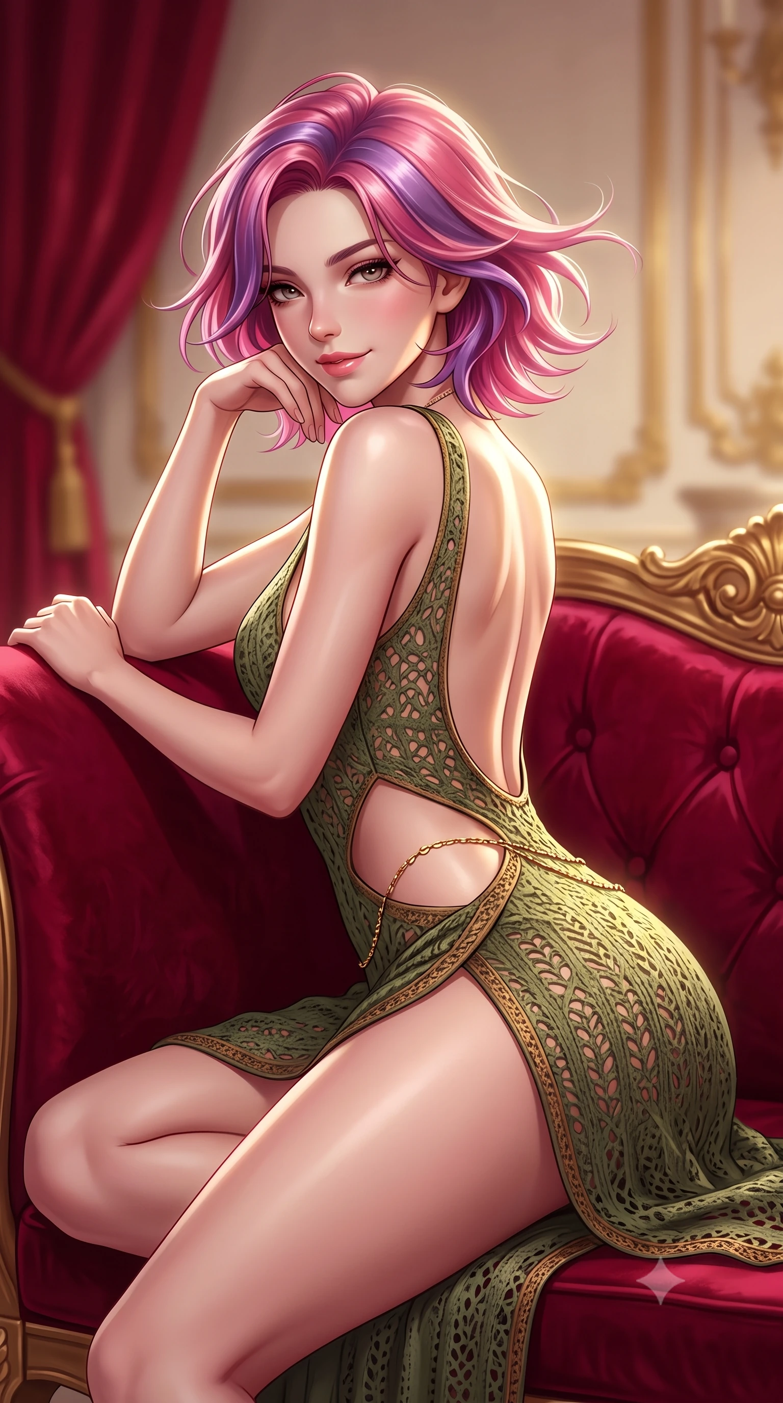 score_9, masterpiece, best quality, ultra-detailed, high-budget anime keyframe, semi-realistic 3D game render, editorial fashion photography, tasteful artistic composition, Caucasian woman. close-up cowboy shot from the waist and thighs up, the character dominates the composition, filling the frame with her large presence. turning slowly with an enchanting smoldering smile, her glossy hair tossing in the breeze as her hips angle gracefully in a captivating contrapposto while lounging gracefully on the crimson velvet settee propped on one elbow, her statuesque 8.5-heads silhouette commanding the imperial palace. The background shows a soft-focus draped crimson velvet curtains softened in opulent European royal gala shallow focus. She has an exceptionally elegant, slender, and willowy female figure with an ultra-slim waist, flat toned midriff, narrow ribcage, and sculpted feminine hips creating an alluring, slim hourglass silhouette without bulk. sharp v-shaped jawline, high-bridge nose, sparkling eyes with hypnotic seductive depth, thick curled eyelashes, glossy parted lips with a natural dewy peach sheen, alluring bedroom-eyes with an enchanting coquettish smile, exuding magnetic siren charisma and sophisticated glamour, flawlessly proportioned anatomical accuracy, strict slender model proportions, natural body alignment, perfectly sculpted long slender limbs, ultra-slim waistline, clean dynamic posture without body distortion. wearing a slinky crochet-lace knit resort mini dress with deep open-back scoop revealing her toned spine in Arashiyama moss green and antique bronze, tailored from fine structural neoprene with crisp architectural edges and smooth contouring, accented with a dainty gold belly chain resting across her flat midriff and curving hips, the high-slit wrap tailoring accentuating her ultra-slim waistline and the enchanting curve of her feminine hips with alluring seductive charm. illuminated by gilded surface bounce and sharp platinum-gold rim lights sculpting her jawline, flat midriff, and voluptuous hip curves. highly saturated vibrant anime colors, detailed shading with soft gradients, rich glossy textures, high-contrast stereoscopic depth, volumetric dynamic lighting, master piece, 9:16 ratio