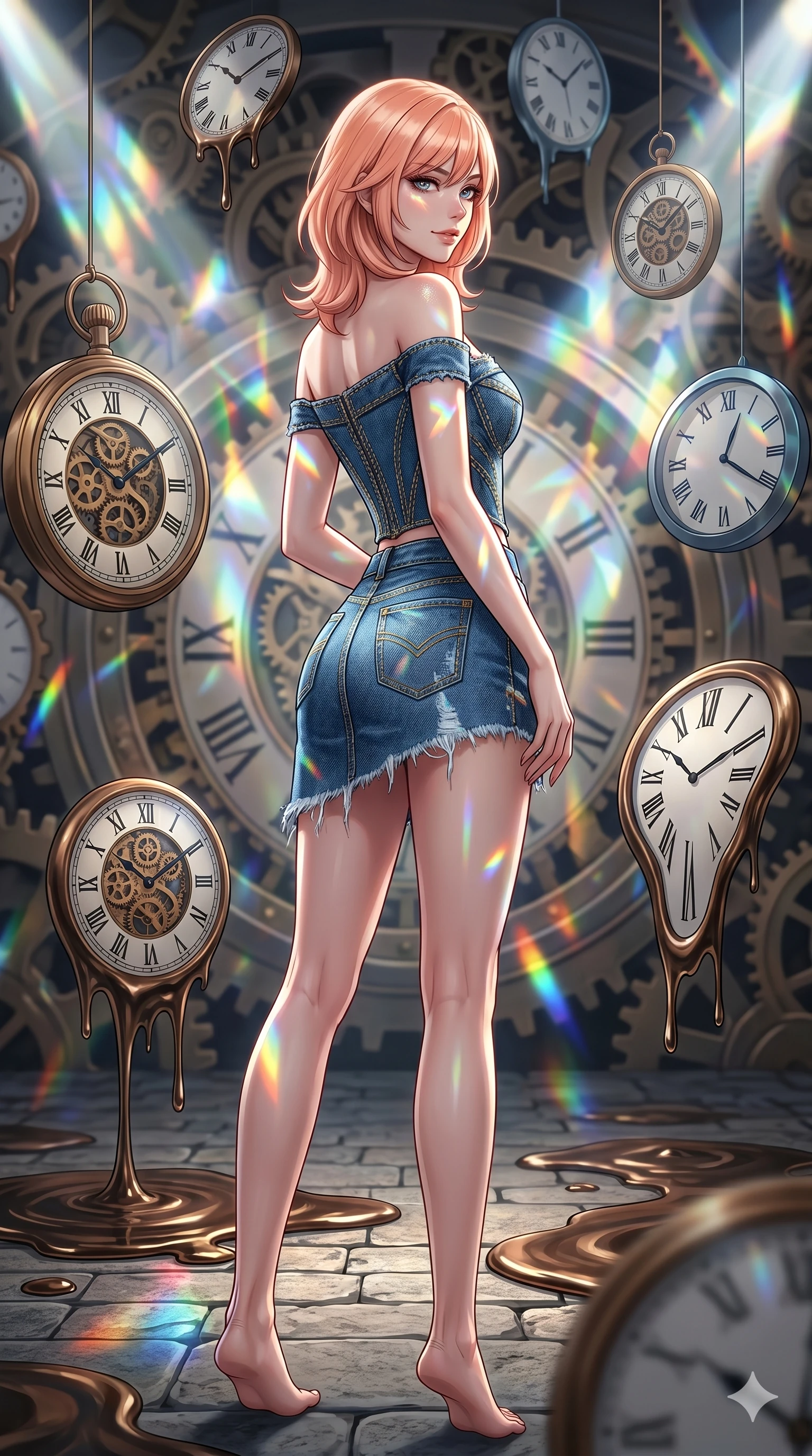 score_9, masterpiece, best quality, ultra-detailed, high-budget anime keyframe, editorial fashion photography, tasteful artistic composition, Japanese woman. cowboy shot from the thighs up, character and outfit filling the frame for maximum editorial presence. Glancing sidelong over her shoulder with a smoldering half-smile within a temporal vault where clocks float in mid-air and melt into pools of bronze. She has an absolutely perfect 8-heads proportion, an exceptionally tall and slender female figure with impossibly long slender legs and an ultra-slim waist. V-shaped jawline, high-bridge nose, intricate jewel-like eyes with depth, thick eyelashes, glossy lips with a natural sheen. wearing an off-shoulder corset top made from repurposed blue denim, paired with a matching high-waist asymmetric denim mini-skirt with distressed hem. lit by mirror-reflected prismatic spotlights creating geometric light patterns that play across her body. 2k, ultra detail, master piece, 9:16 ratio