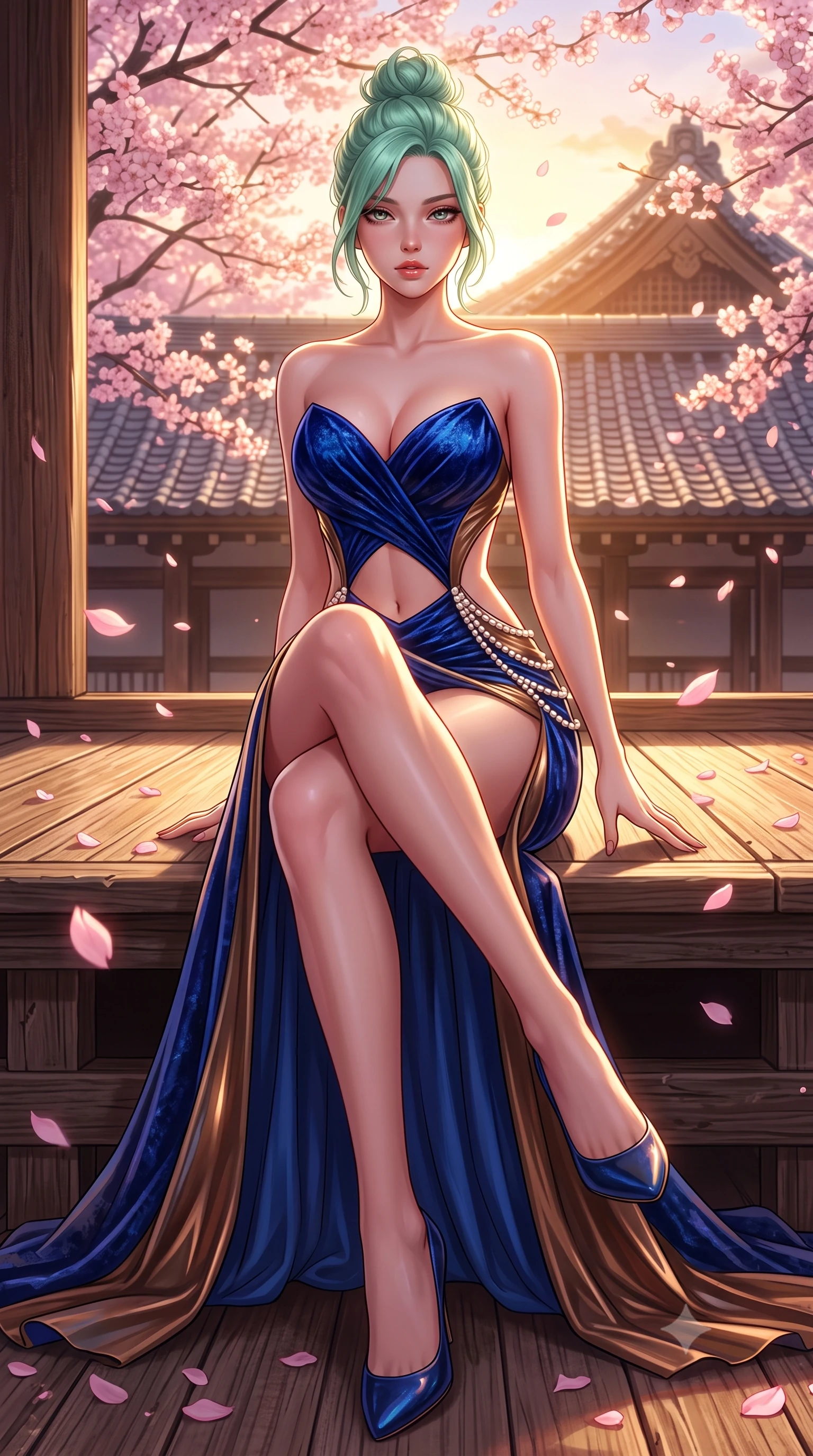 score_9, masterpiece, best quality, ultra-detailed, high-budget anime keyframe, semi-realistic 3D game render, editorial fashion photography, tasteful artistic composition, Japanese woman. low angle full-body shot from head to toe showing her feet, filling the entire 9:16 vertical frame with her statuesque presence, stretching her vertical silhouette. sitting perched on the elevated edge with hips angled toward the camera and legs crossed, displaying her toned midriff and flawlessly sculpted slender limbs while turning in an alluring dancer S-curve as evening breezes scatter soft pink sakura petals across the ancient wooden stage planks. The surrounding environment is rendered in vivid detail and crisp panoramic clarity. sharp weathered Japanese cypress plank grain, falling cherry blossom petal veins, and temple roof tile geometry in deep focus. She has an exceptionally tall and slender model-like 8.5-heads proportion, an ultra-slim waist, a flat toned midriff, narrow delicate ribcage, and beautifully sculpted feminine hips creating a graceful, slim hourglass silhouette without any bulky heaviness, with impossibly long slender legs. sharp v-shaped jawline, high-bridge nose, intricate jewel-like eyes with depth, thick eyelashes, glossy parted lips with a natural sheen, intensely captivating and seductive bedroom-eyes expression, flawlessly proportioned anatomical accuracy, strict slender model proportions, natural body alignment, perfectly sculpted long slender limbs, ultra-slim waistline, clean dynamic posture without body distortion. wearing a deep sweetheart neckline crushed velvet corseted ballgown with an exposed midriff cutout in royal sapphire blue and liquid bronze, tailored from second-skin aerodynamic stretch vinyl with specular wet sheen, accented with a multi-strand pearl back necklace cascading down her bare spine to her hips, the precision-cut side openings and low-back scoop framing her graceful spine and the sensual sweep of her slim, toned hips. bathed in breathtaking golden hour sunset backlighting filtered through cherry blossom branches. highly saturated vibrant anime colors, detailed shading with soft gradients, rich glossy textures, high-contrast stereoscopic depth, volumetric dynamic lighting, master piece, 9:16 ratio