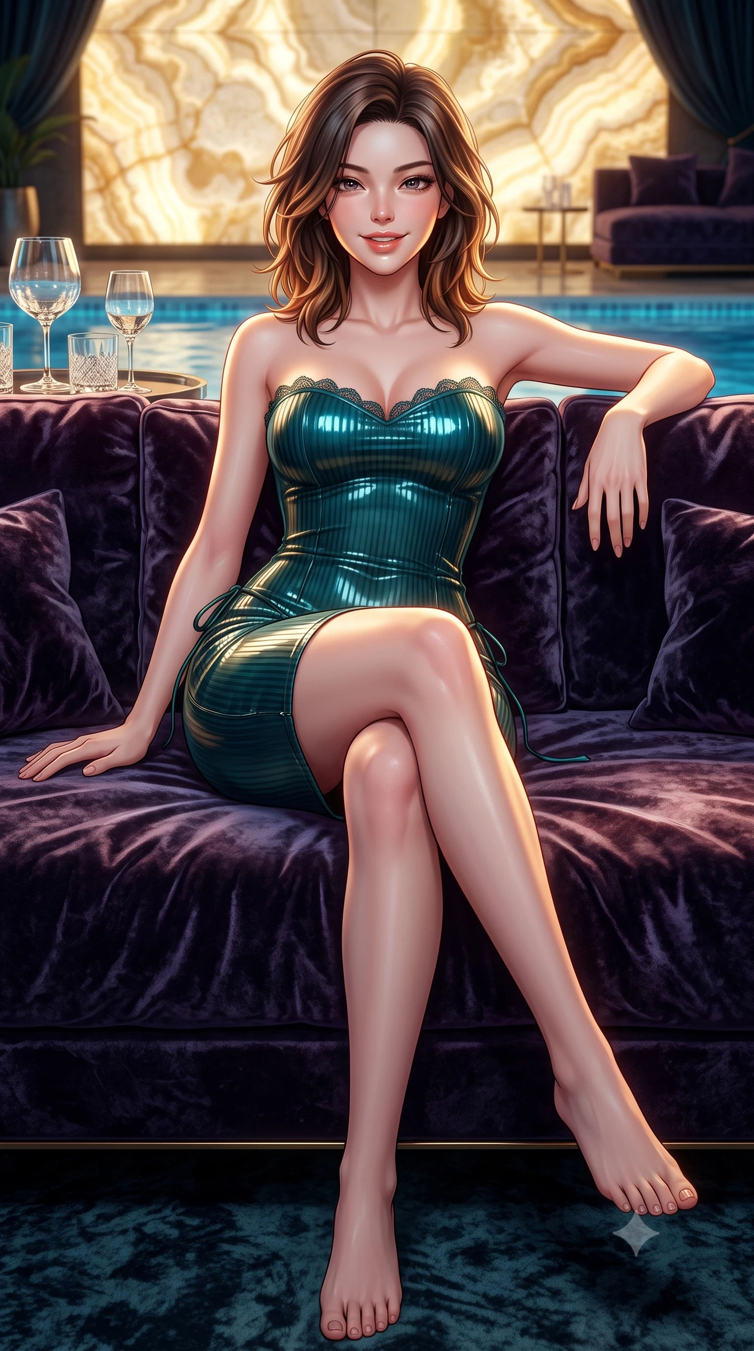 score_9, masterpiece, best quality, ultra-detailed, high-budget anime keyframe, semi-realistic 3D game render, editorial fashion photography, tasteful artistic composition, Korean woman. low angle full-body shot from head to toe showing her feet, filling the entire 9:16 vertical frame with her statuesque presence, stretching her vertical silhouette. lounging on the lavish poolside daybed with legs crossed and hips angled toward the camera, displaying her toned midriff and long slender limbs with effortless siren poise while reclining on the plush velvet lounge chair with one arm draped over the backrest, flashing a playful, coquettish smile with glossy parted lips. The surrounding environment is rendered in vivid detail and crisp panoramic clarity: sharp crushed velvet pile texture, backlit onyx stone pattern, and cut-crystal glassware facet clarity in deep focus. She has an absolutely perfect, statuesque 8.5-heads proportion, an exceptionally tall and slender model-like female figure with impossibly long slender legs, an ultra-slim waist, a flat toned midriff, narrow delicate ribcage, and beautifully sculpted feminine hips creating a graceful, slim hourglass silhouette without any bulky heaviness. sharp v-shaped jawline, high-bridge nose, sparkling eyes with hypnotic seductive depth, thick curled eyelashes, glossy parted lips with a natural dewy peach sheen, alluring bedroom-eyes with an enchanting coquettish smile, exuding magnetic siren charisma and sophisticated high-fashion glamour, flawlessly proportioned anatomical accuracy, strict slender model proportions, natural body alignment, perfectly sculpted long slender limbs, ultra-slim waistline, clean dynamic posture without body distortion. wearing a form-contouring ribbed knit tube dress with subtle side-lace ties tracing the curve of her hips in deep peacock teal and burnished antique brass, crafted from wet-look high-gloss vinyl fabric with dazzling specular surface reflections, finished with scalloped eyelash lace trim framing her sweetheart neckline with intimate elegance, the form-contouring silhouette accentuating her sculpted flat midriff, narrow delicate ribcage, and gracefully curvy hips with intoxicating allure. illuminated by backlit onyx bar glow and sharp warm-gold rim lights defining her razor-sharp jawline, ultra-slim waist, and curvy hips. highly saturated vibrant anime colors, detailed shading with soft gradients, rich glossy textures, high-contrast stereoscopic depth, volumetric dynamic lighting, master piece, 9:16 ratio