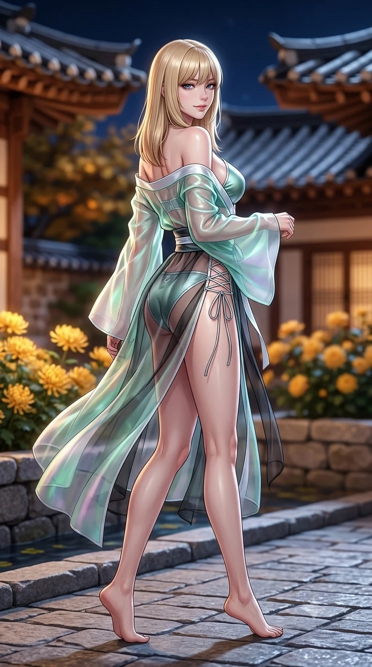 score_9, masterpiece, best quality, ultra-detailed, high-budget anime keyframe, semi-realistic 3D game render, editorial fashion photography, tasteful artistic composition, Japanese woman. low angle full-body shot from head to toe showing her feet, filling the entire 9:16 vertical frame with her statuesque presence, stretching her vertical silhouette. walking along the waterfront terrace with poise, looking back over her bare shoulder with an irresistible smoldering bedroom-gaze while standing tall beside the stone flower bed in the hanok courtyard, arching her lower back to emphasize her curvy hips against the clay-tiled eaves. The background shows a soft-focus blooming autumn golden chrysanthemums and curved clay-tiled hanok eaves blurred into honey, terracotta, and indigo bokeh. She has an absolutely perfect, statuesque 8.5-heads proportion, an exceptionally tall and slender model-like female figure with impossibly long slender legs, an ultra-slim waist, a flat toned midriff, narrow delicate ribcage, and beautifully sculpted feminine hips creating a graceful, slim hourglass silhouette without any bulky heaviness. sharp v-shaped jawline, high-bridge nose, sparkling eyes with hypnotic seductive depth, thick curled eyelashes, glossy parted lips with a natural dewy peach sheen, alluring bedroom-eyes with an enchanting coquettish smile, exuding magnetic siren charisma and sophisticated glamour, flawlessly proportioned anatomical accuracy, strict slender model proportions, natural body alignment, perfectly sculpted long slender limbs, ultra-slim waistline, clean dynamic posture without body distortion. wearing a translucent iridescent organza durumagi robe slipping off bare shoulders over a matching satin micro-bralette and wrap briefs in moonlit jade green and pure alabaster white with silver accents, crafted from layered gossamer black nobang organza with weightless, smoky flutter, featuring fine criss-cross lace-up side ties revealing tantalizing glimpses of her hip curve, the high-slit wrap tailoring accentuating her ultra-slim waistline and the enchanting curve of her feminine hips with alluring seductive charm. bathed in crisp autumn moonlight washing across curved clay roof tiles and stone courtyards. highly saturated vibrant anime colors, detailed shading with soft gradients, rich glossy textures, high-contrast stereoscopic depth, volumetric dynamic lighting, master piece, 9:16 ratio