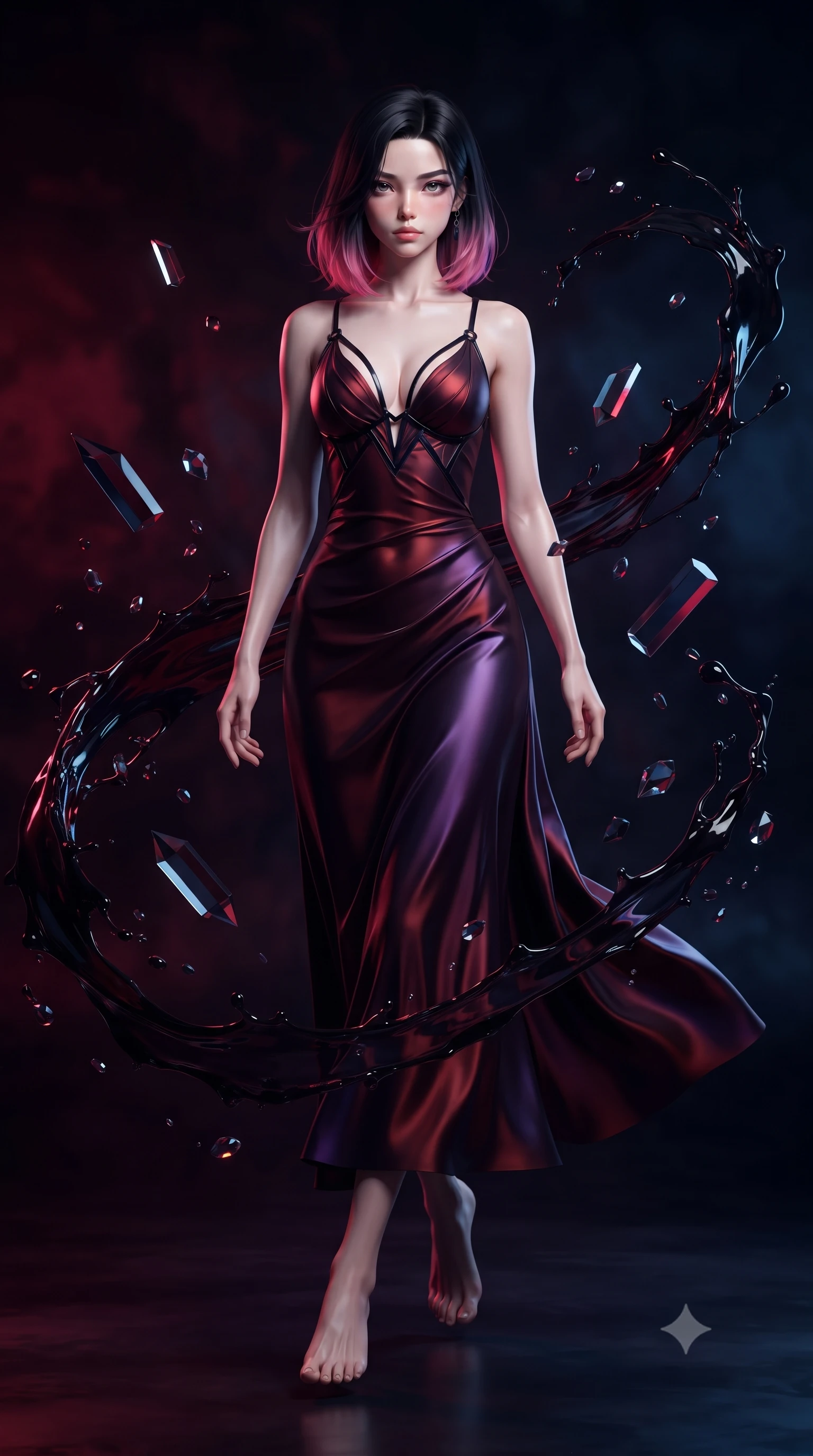score_9, masterpiece, best quality, ultra-detailed, high-budget anime keyframe, editorial fashion photography, tasteful artistic composition, Korean woman. low angle full-body shot from head to toe showing her feet, filling the entire 9:16 vertical frame with her statuesque presence, stretching her vertical silhouette. interacting with floating dark crystal particles, her long slender legs poised in motion, interacting with floating dark glass prisms that refract black paint reflections, dynamic paint splash trails framing her slender athletic silhouette. She has an absolutely perfect, statuesque 8.5-heads proportion, an exceptionally tall and slender model-like female figure with impossibly long slender legs and an ultra-slim waist. sharp v-shaped jawline, high-bridge nose, intricate jewel-like eyes with depth, thick eyelashes, glossy lips with a natural sheen. wearing form-contouring dark crimson liquid silk long slip dress in dark mahogany, made of iridescent dark violet taffeta, adorned with minimalist black onyx hardware framing the silhouette, contouring every curve with an exceptionally elegant silhouette. bathed in deep crimson and navy fluid reflections against pitch-black shadows. highly saturated vibrant anime colors, detailed shading with soft gradients, rich glossy textures, high-contrast stereoscopic depth, volumetric dynamic lighting, master piece, 9:16 ratio