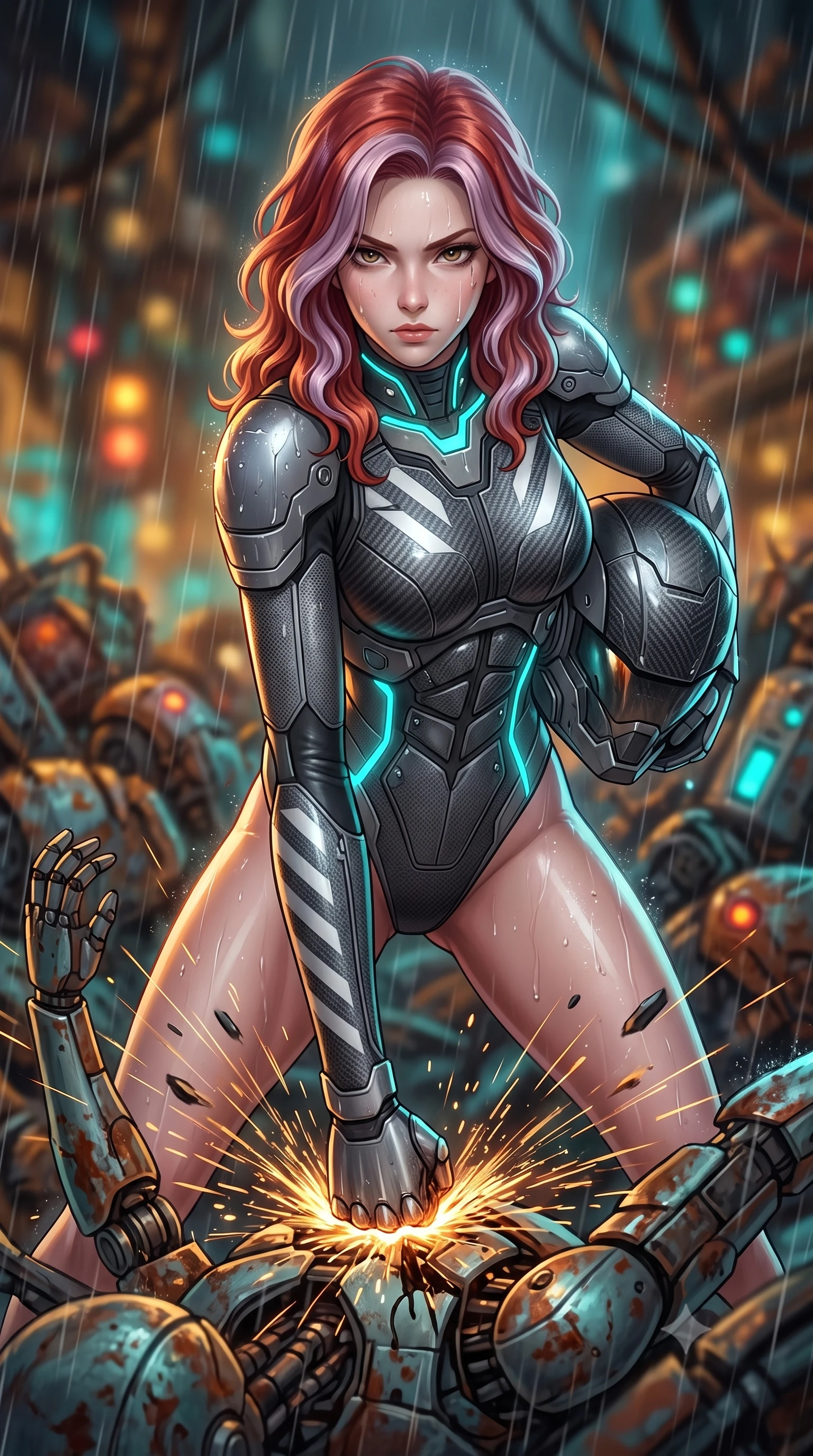 score_9, masterpiece, best quality, ultra-detailed, high-budget anime keyframe, semi-realistic 3D game render, editorial fashion photography, tasteful artistic composition, Caucasian woman. close-up cowboy shot from the waist and thighs up, the character dominates the composition, filling the frame with her large presence. shifting into a low cat-stance with arms crossed defensively, glowing energy conduits tracing her ultra-slim waist and sculpted clavicle while delivering a downward kinetic hammer fist that sends discarded mechanical limbs flying in a radial arc of sparks. The composition keeps background elements in soft focus with creamy bokeh. mountains of rusted android parts and blinking indicator lights blurred into rich amber, turquoise, and rust bokeh. She has an exceptionally elegant, slender, and willowy female figure with an ultra-slim waist, a gracefully sculpted slender torso, toned flat midriff, and a refined slim silhouette. sharp v-shaped jawline, high-bridge nose, intricate jewel-like eyes with depth, thick eyelashes, glossy lips with a natural sheen, fierce and resolute heroine expression, flawlessly proportioned anatomical accuracy, strict slender model proportions, natural body alignment, perfectly sculpted long slender limbs, ultra-slim waistline, clean dynamic posture without body distortion. holding a modular carbon battle-helmet under one arm, her flawless face and sculpted neck exposed to the rain with determined warrior focus, paired with a heavy modular carbon-fiber combat cuirass paired with a second-skin tactical leotard and reinforced titanium shoulder pauldrons in storm-grey carbon mesh with high-contrast white hazard stripes, tailored from flexible second-skin ballistic carbon-mesh adhering flawlessly to her athletic build, featuring a sleek aerodynamic collar framed by subtle glowing cybernetic status LEDs, the liquid-tight tailored fabric emphasizing every curve of her tall, slender model proportions and sculptured silhouette during dynamic movement. surrounded by a gritty, dangerous, and irresistibly powerful cybernetic queen of the underworld aura. rich saturated anime colors with glowing neon highlights, detailed shading with soft gradients, rich glossy textures, high-contrast stereoscopic depth, volumetric dynamic lighting, master piece, 9:16 ratio