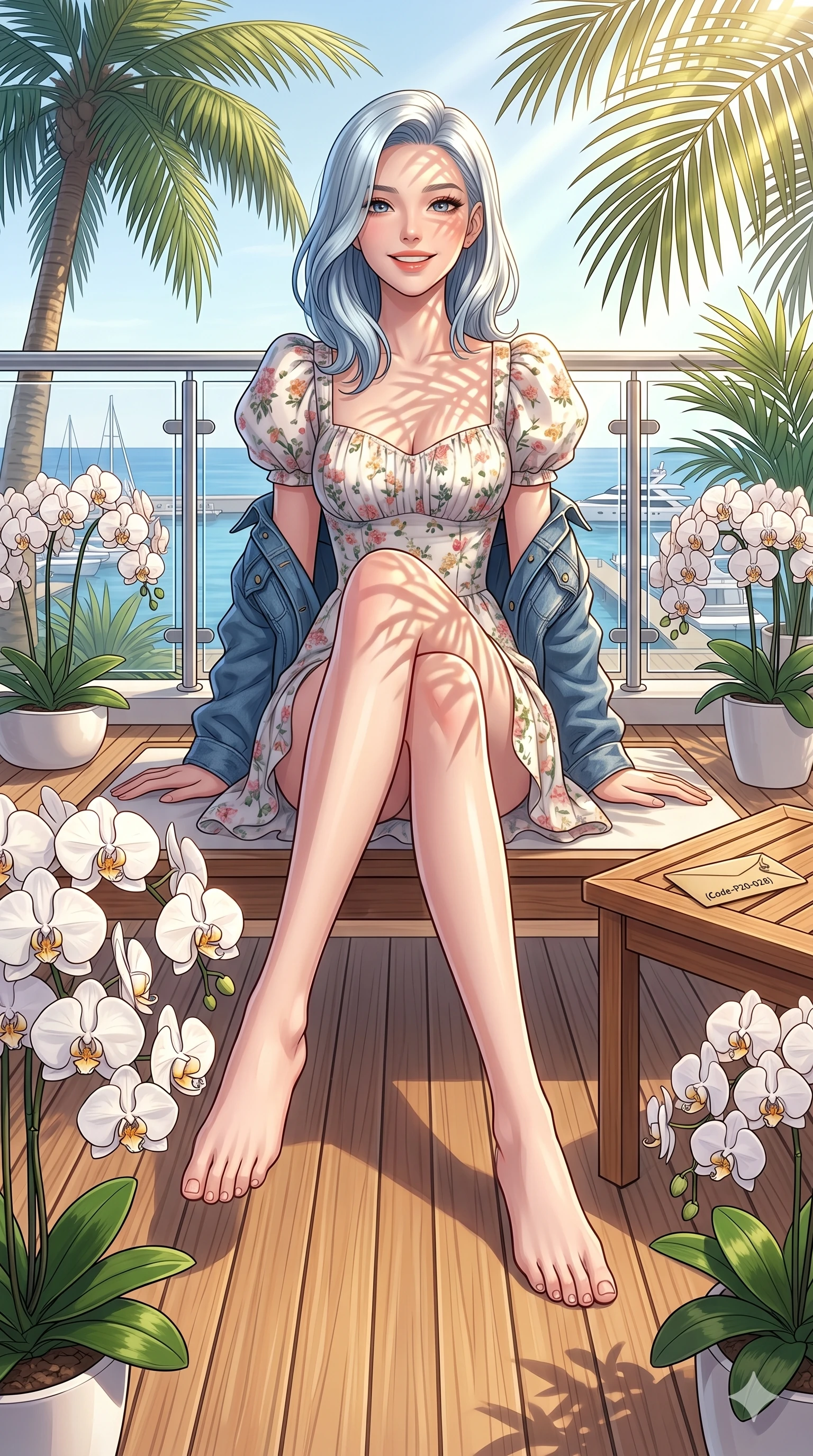 score_9, masterpiece, best quality, ultra-detailed, high-budget anime keyframe, vibrant anime aesthetic, Korean woman. low angle full-body shot from head to toe showing her feet, filling the entire 9:16 vertical frame with her statuesque presence, stretching her vertical silhouette. She is sitting on the yacht deck, smiling brightly with a relaxed, happy expression on a private terrace of a luxury hotel suite decorated with white orchids in the sun (Code-P20-028). She has an absolutely perfect 8-heads proportion, an exceptionally tall and slender female figure with impossibly long slender legs and an ultra-slim waist. V-shaped jawline, high-bridge nose, intricate jewel-like eyes with depth, thick eyelashes, glossy lips with a natural sheen. wearing a spring floral dress with puff sleeves and denim jacket. She is drenched in brilliant afternoon sunshine, casting patterns of palm leaves over her. 2k, ultra detail, master piece, 9:16 ratio