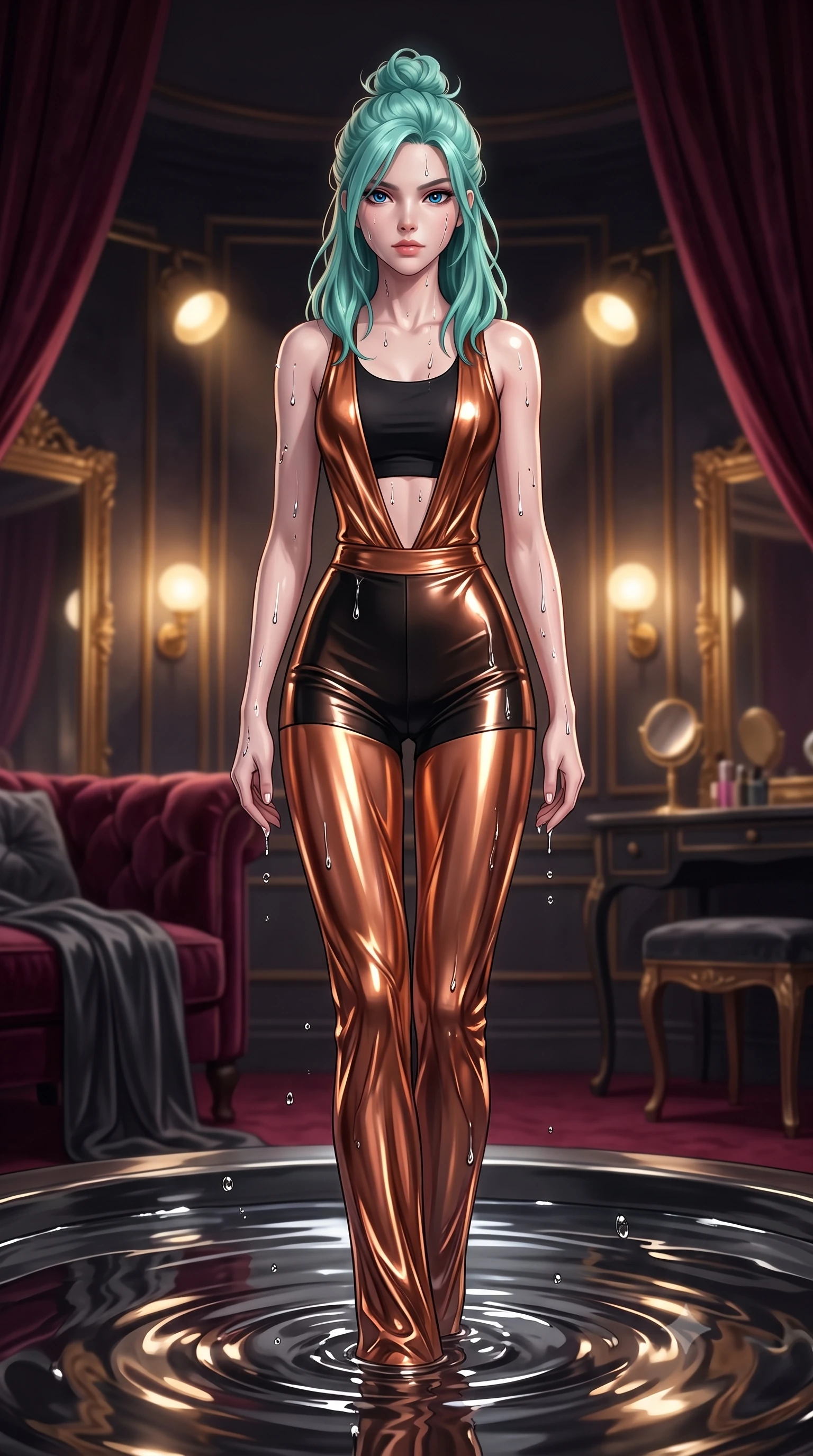 score_9, masterpiece, best quality, ultra-detailed, High-budget Anime Keyframe, East Asian woman. Dynamic full-body shot stretching the vertical silhouette to the limit. Scenario 482: rising from a pool of mercury-like liquid, droplets rolling off her skin, in a velvet-lined dressing room illuminated by soft golden spotlights. Her presence is magnetic and overpowering in this high-budget anime scene. Outfit 482: a body-hugging metallic copper liquid silk jumpsuit worn over an opaque crop top and high-waisted shorts. The clothing is designed to emphasize her exceptionally tall and slender 8-heads proportion. 8-heads proportion, towering silhouette, ultra-slim waist. sharp v-shaped jawline, intricate jewel-like eyes with depth, thick eyelashes, glossy lips. 2k, ultra detail, master piece, 9:16 ratio