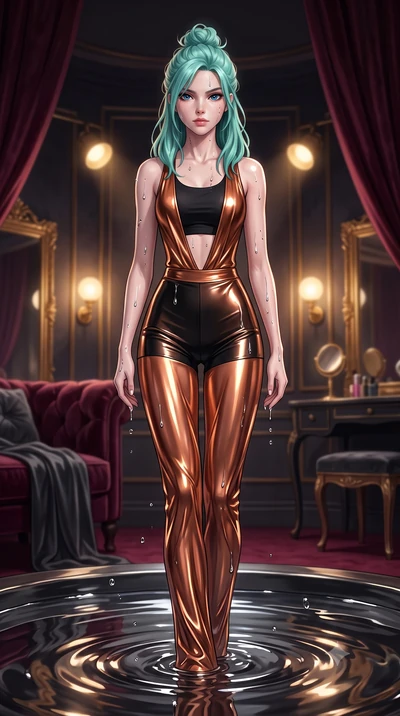 score_9, masterpiece, best quality, ultra-detailed, High-budget Anime Keyframe, East Asian woman. Dynamic full-body shot stretching the vertical silhouette to the limit. Scenario 482: rising from a pool of mercury-like liquid, droplets rolling off he