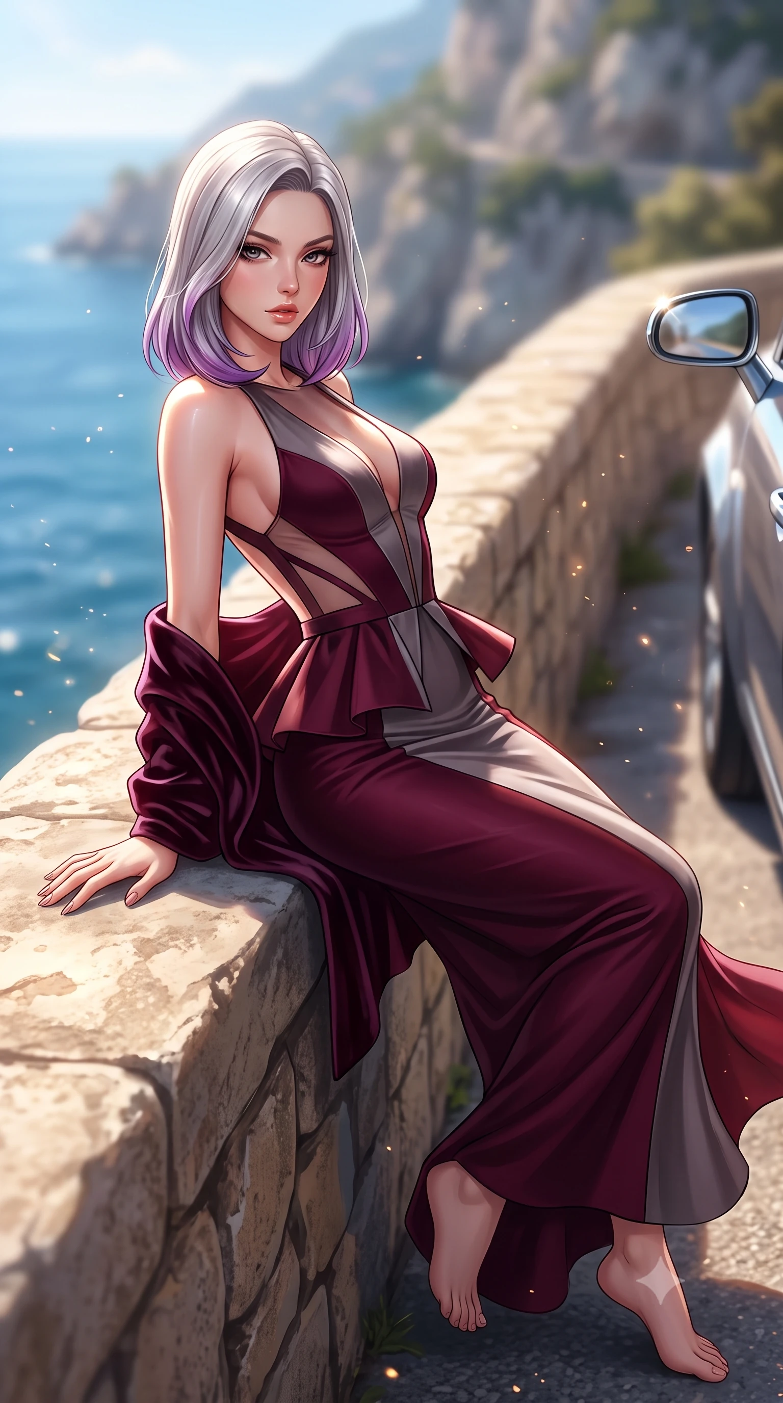 score_9, masterpiece, best quality, ultra-detailed, high-budget anime keyframe, semi-realistic 3D game render, editorial fashion photography, tasteful artistic composition, Caucasian woman. low angle full-body shot from head to toe showing her feet, filling the entire 9:16 vertical frame with her statuesque presence, stretching her vertical silhouette. reclining on her side in an elegant Cleopatra pose with one knee drawn up, the dramatic contour of her rounded hips and long slender legs commanding the 9:16 vertical frame while resting both hands against the stone cliffside railing overlooking the azure Mediterranean, her tight knit dress highlighting her sculpted slim hips in the breeze. The composition keeps background elements in soft focus with creamy bokeh. sun glints off chrome car mirrors and sea spray scattering radiant warm light motes. She has an exceptionally tall and slender model-like 8.5-heads proportion, an ultra-slim waist, a flat toned midriff, narrow delicate ribcage, and beautifully sculpted feminine hips creating a graceful, slim hourglass silhouette without any bulky heaviness, with impossibly long slender legs. sharp v-shaped jawline, high-bridge nose, intricate jewel-like eyes with depth, thick eyelashes, glossy parted lips with a natural sheen, intensely captivating and seductive bedroom-eyes expression, flawlessly proportioned anatomical accuracy, strict slender model proportions, natural body alignment, perfectly sculpted long slender limbs, ultra-slim waistline, clean dynamic posture without body distortion. wearing a structural geometric peplum gown with sheer side-ribbon cutouts and form-fitting skirt in deep wine burgundy and brushed dark platinum, made of fluid silk crepe with delicate inner corsetry boning, complemented by a plush velvet shawl draped loosely over her elbows, the precision-cut side openings and low-back scoop framing her graceful spine and the sensual sweep of her slim, toned hips. illuminated by bright specular sun glints sharply carving her razor-sharp jawline, narrow waist, and curvy hips. highly saturated vibrant anime colors, detailed shading with soft gradients, rich glossy textures, high-contrast stereoscopic depth, volumetric dynamic lighting, master piece, 9:16 ratio