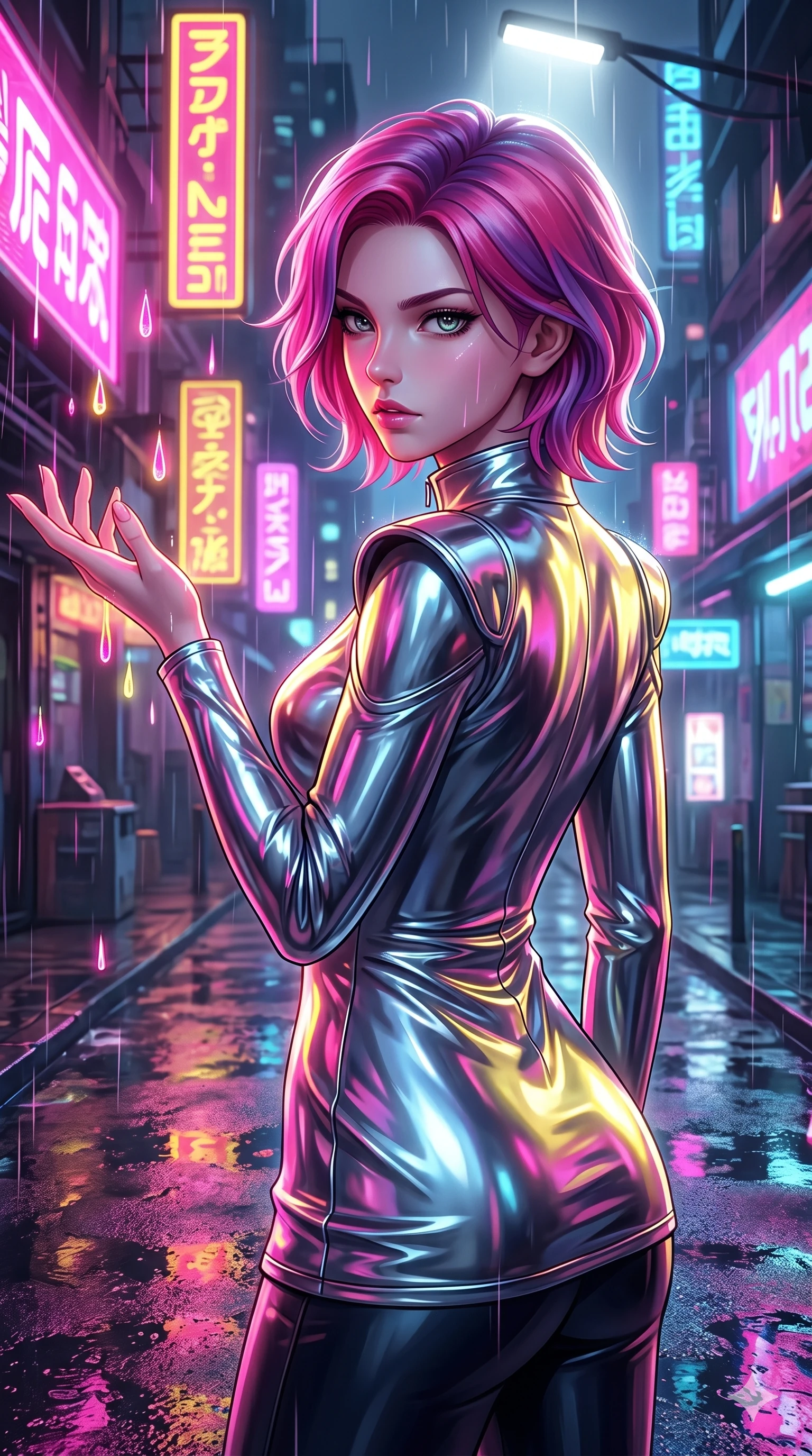 score_9, masterpiece, best quality, ultra-detailed, high-budget anime keyframe, semi-realistic 3D game render, Caucasian woman, strictly human ears. Upper body close-up from the thighs up, character filling the screen for maximum presence. She is turning around sharply in a futuristic night market, with rain reflections on wet asphalt. She reaches out a hand to catch neon-lit rain droplets with an intense, magnetic gaze. She has an absolutely perfect 8-heads proportion, a tall and elegant figure with a refined silhouette and a defined waistline. V-shaped jawline, high-bridge nose, intricate jewel-like eyes with depth, thick eyelashes, glossy lips with a natural sheen. She is wearing a sleek tailored top in liquid-chrome finish that complements her silhouette, styled with sophisticated architectural shoulder accents and a modern zip collar. The scene is lit by bright pink and yellow neon billboards and a sharp white key light tracing her silhouette. 2k, ultra detail, master piece, 9:16 ratio