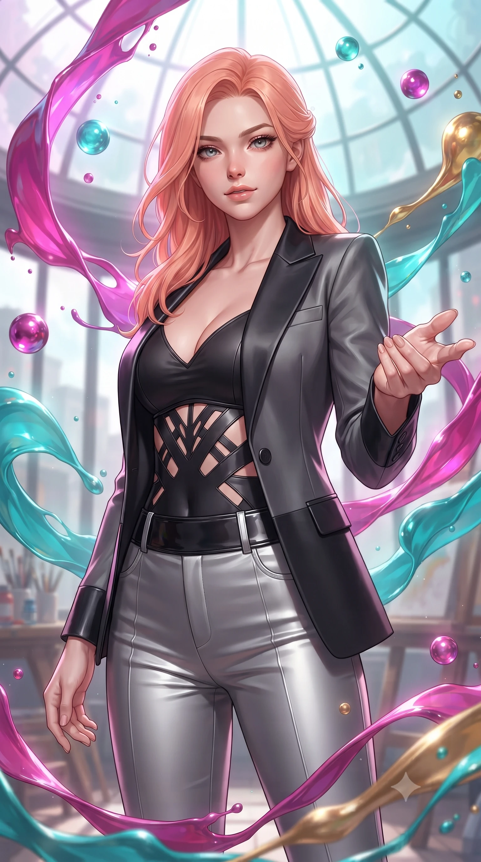 score_9, masterpiece, best quality, ultra-detailed, high-budget anime keyframe, editorial fashion photography, tasteful artistic composition, Japanese woman. close-up cowboy shot from the waist and thighs up, the character dominates the composition, filling the frame with her large presence, background elements kept in soft focus. Reaching one hand gracefully toward the viewer with effortless superiority and allure standing inside a glass-domed art atelier filled with floating liquid paint swirls, swirling ribbons of magenta, turquoise, and gold liquid paint in zero-gravity. She has an exceptionally elegant, slender, and willowy female figure with an ultra-slim waist, a gracefully sculpted slender torso, and a refined silhouette. sharp v-shaped jawline, high-bridge nose, intricate jewel-like eyes with depth, thick eyelashes, glossy lips with a natural sheen. wearing a tailored silk blazer over a form-contouring top and fitted slacks in matte black and polished silver, tailored from high-gloss patent leather, featuring subtle geometric cutouts that highlight her ultra-slim midriff, the sleek second-skin texture accentuating her magnetic presence. surrounded by a radiant glow of magenta and aqua fluid highlights. ultra-reflective glossy finish, specular highlights, metallic sheen, high-contrast stereoscopic depth, volumetric dynamic lighting, 2k, ultra detail, master piece, 9:16 ratio