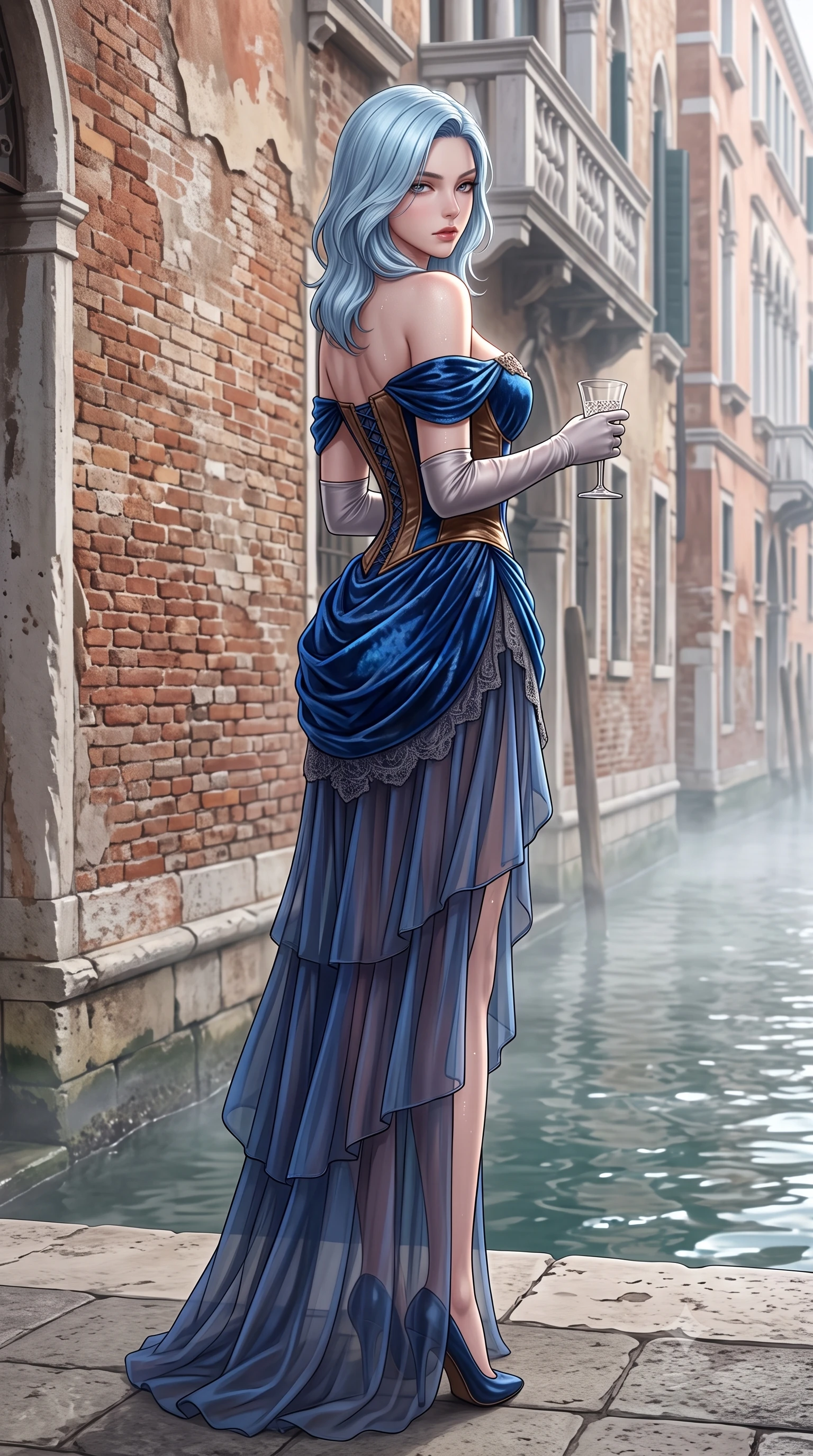 score_9, masterpiece, best quality, ultra-detailed, high-budget anime keyframe, semi-realistic 3D game render, editorial fashion photography, tasteful artistic composition, Korean woman. low angle full-body shot from head to toe showing her feet, filling the entire 9:16 vertical frame with her statuesque presence, stretching her vertical silhouette. posing with back turned slightly to the lens, glancing back with smoldering allure as she arches her lower back to emphasize her sculpted feminine hips and slender waist while standing poised against the weathered palazzo brick wall, twisting her slender torso in an alluring contrapposto stance as morning mist drifts across the water. The surrounding environment is rendered in vivid detail and crisp panoramic clarity. detailed lace gown drape folds, morning mist droplets on skin, and Grand Canal architectural clarity in high resolution. She has an exceptionally tall and slender model-like 8.5-heads proportion, an ultra-slim waist, a flat toned midriff, narrow delicate ribcage, and beautifully sculpted feminine hips creating a graceful, slim hourglass silhouette without any bulky heaviness, with impossibly long slender legs. sharp v-shaped jawline, high-bridge nose, intricate jewel-like eyes with depth, thick eyelashes, glossy parted lips with a natural sheen, intensely captivating and seductive bedroom-eyes expression, flawlessly proportioned anatomical accuracy, strict slender model proportions, natural body alignment, perfectly sculpted long slender limbs, ultra-slim waistline, clean dynamic posture without body distortion. wearing an off-shoulder French court corset bodice dress paired with a tiered translucent chiffon slit skirt in royal sapphire blue and liquid bronze, crafted from heavyweight crushed silk velvet with liquid vintage luster, accessorized with opera-length satin gloves and a vintage crystal glass, the second-skin form-contouring cut accentuating her sculpted flat midriff, narrow delicate ribcage, and gracefully curvy hips with supermodel precision. illuminated by soft specular water glints carving her razor-sharp jawline, narrow waist, and curvy hips. highly saturated vibrant anime colors, detailed shading with soft gradients, rich glossy textures, high-contrast stereoscopic depth, volumetric dynamic lighting, master piece, 9:16 ratio