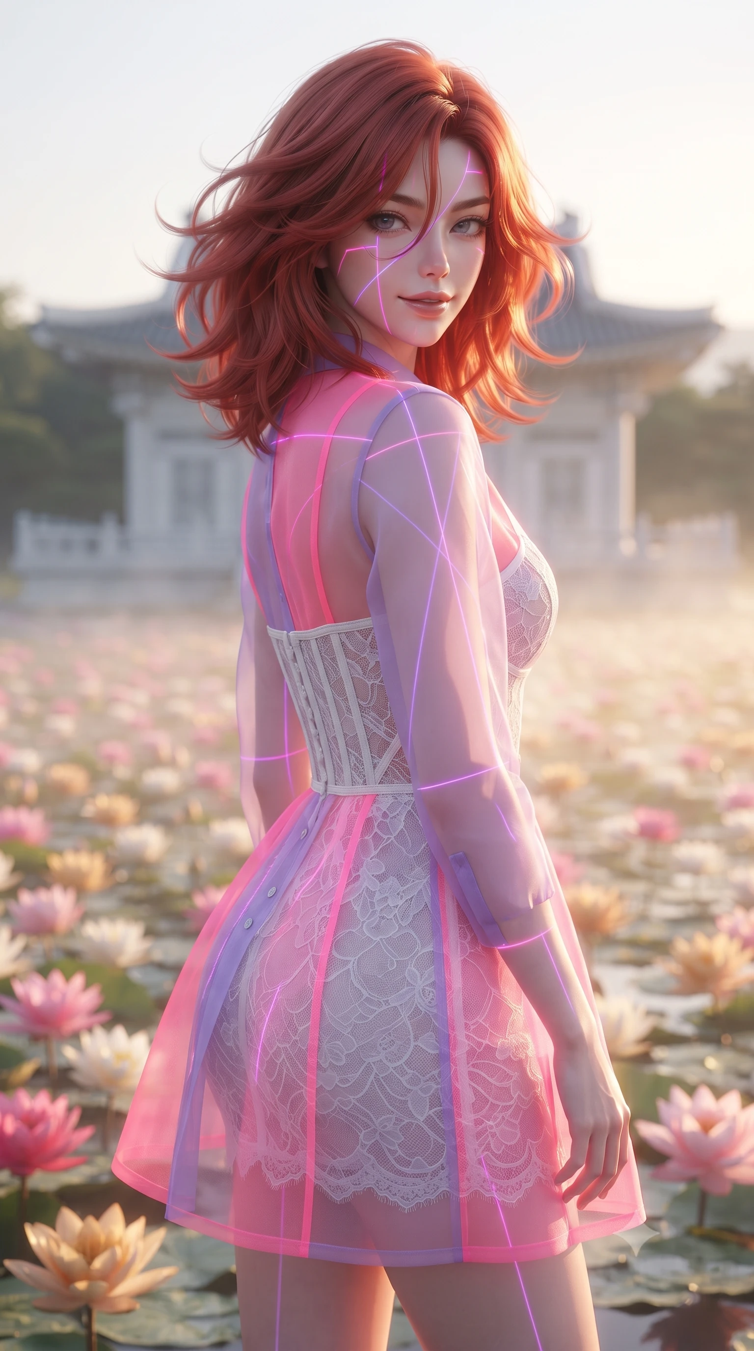 score_9, masterpiece, best quality, ultra-detailed, high-budget anime keyframe, editorial fashion photography, tasteful artistic composition, Korean woman. close-up cowboy shot from the waist and thighs up, the character dominates the composition, filling the frame with her large presence, background elements kept in soft focus. Glancing sidelong over her shoulder with a smoldering half-smile. set against a soft-focus background of a serene white marble temple in the center of a vast lake completely covered in blooming lotus flowers in pink white and gold their petals open to the morning sun with mist hovering just above the flower carpet. She has an exceptionally elegant and slender, willowy female figure with an ultra-slim waist, a gracefully sculpted slender torso, and a refined slim physique. sharp v-shaped jawline, high-bridge nose, intricate jewel-like eyes with depth, thick eyelashes, glossy lips with a natural sheen. wearing a sheer organza mini dress in color-blocked neon pink and lavender, layered over a white lace underlayer with visible corset boning. laser lines of violet and hot pink reflecting off surfaces casting geometric neon highlights. 2k, ultra detail, master piece, 9:16 ratio